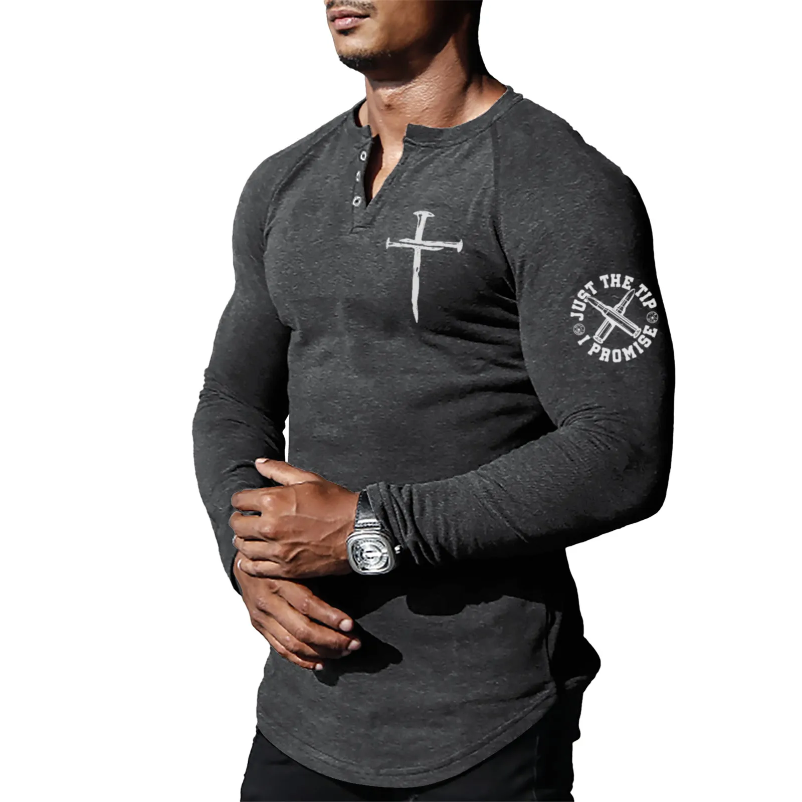 CROSS RAGLAN GRAPHIC LONG SLEEVE HENLEY SHIRT