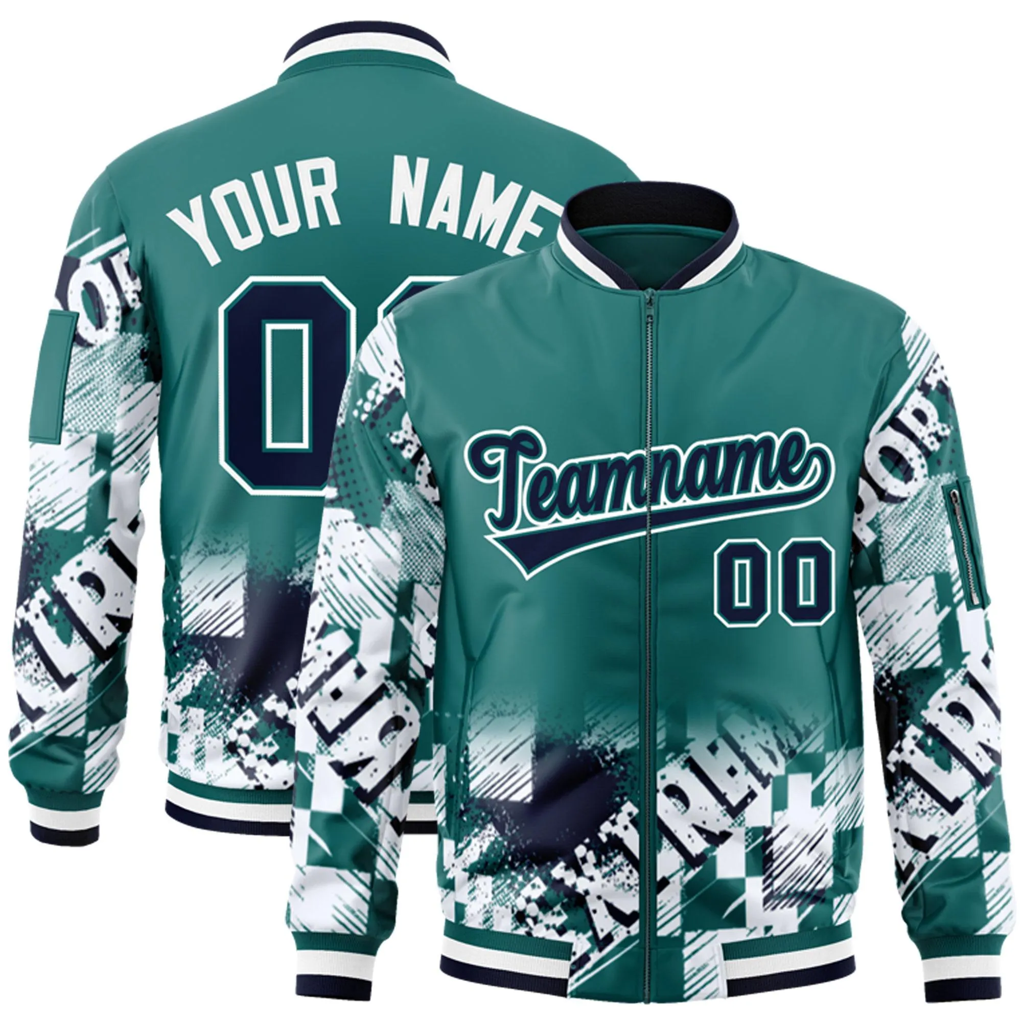 Custom Aqua Navy-White Varsity Full-Zip Street Graffiti Pattern Letterman Jacket