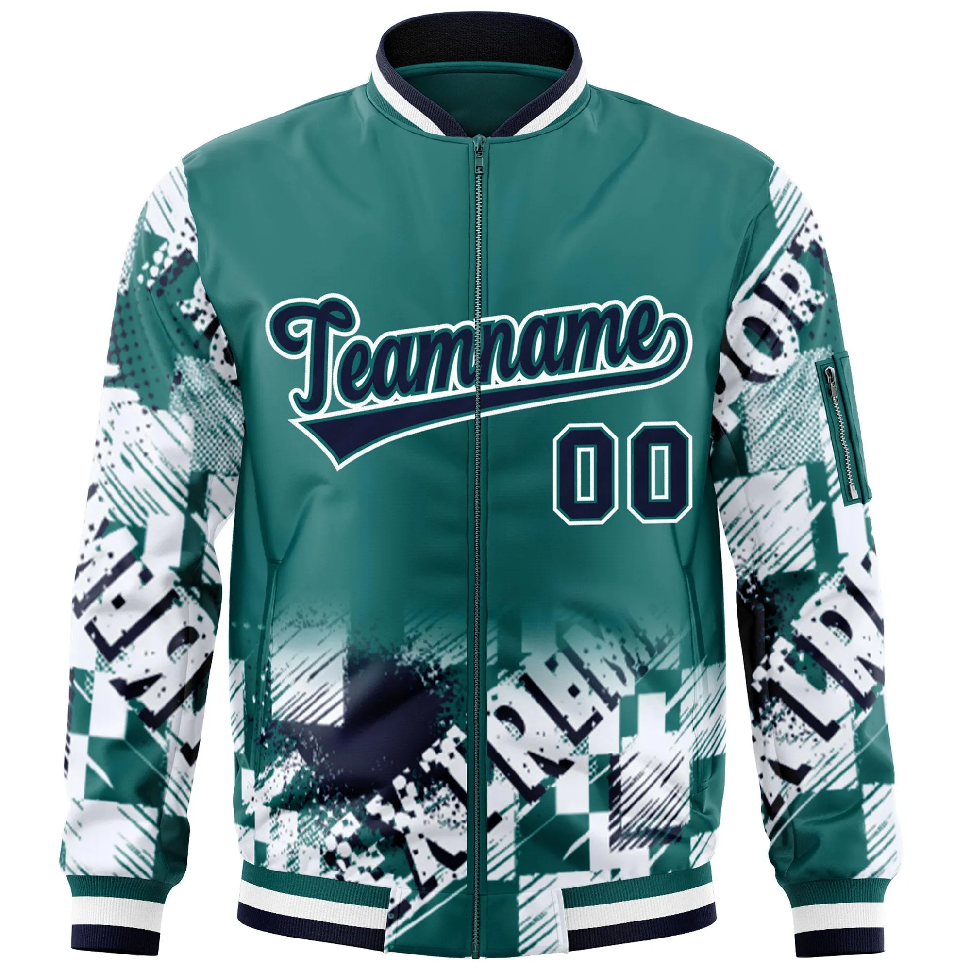 Custom Aqua Navy-White Varsity Full-Zip Street Graffiti Pattern Letterman Jacket