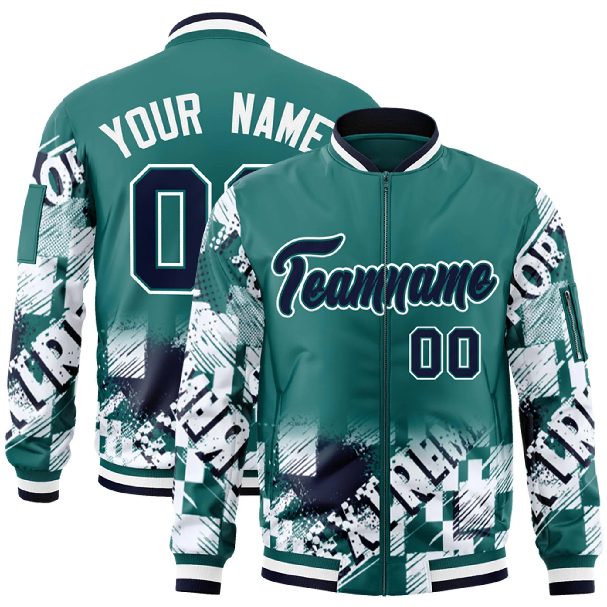 Custom Aqua Navy-White Varsity Full-Zip Street Graffiti Pattern Letterman Jacket