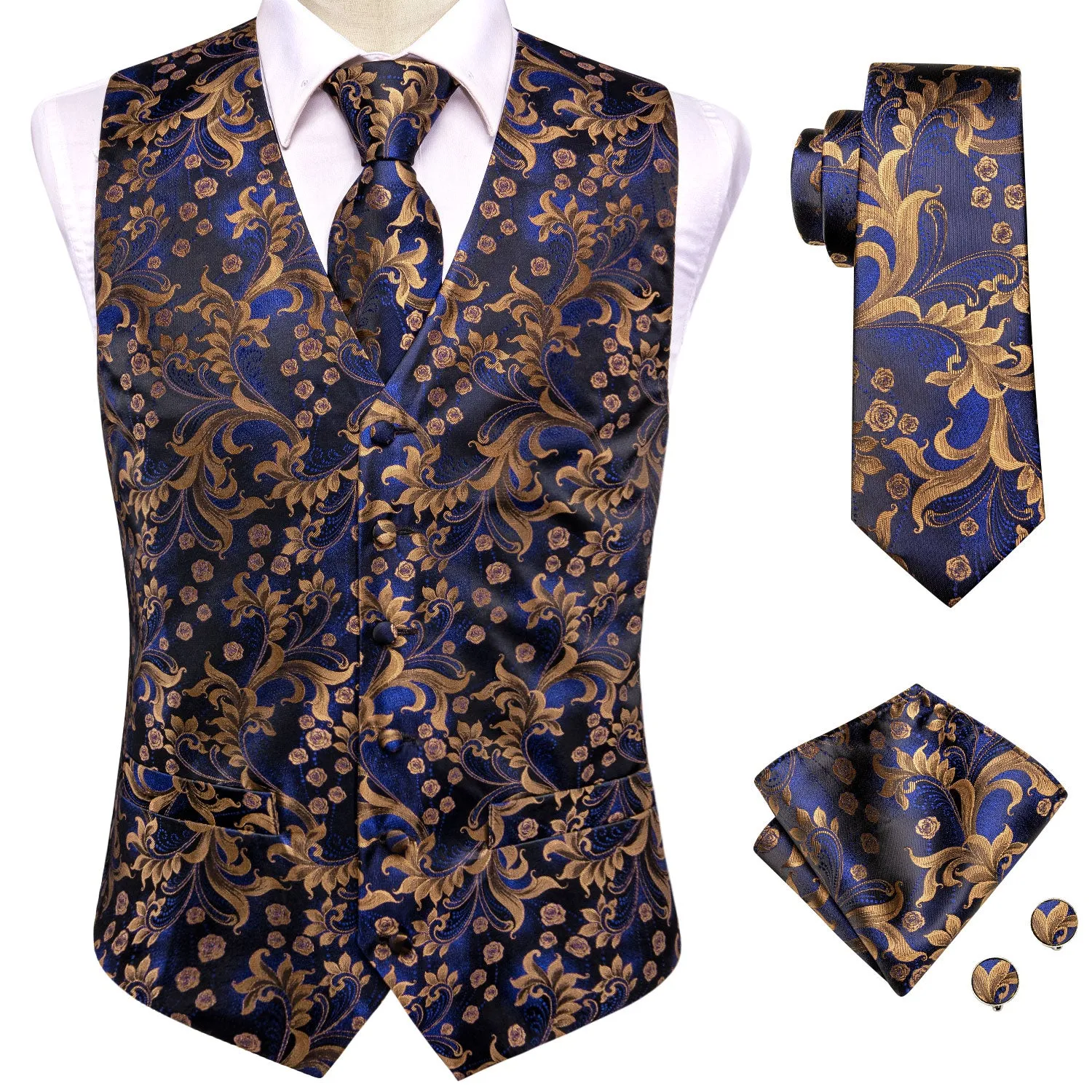 Dark Blue Golden Paisley Silk Men's Vest Hanky Cufflinks Tie Set Waistcoat Suit Set