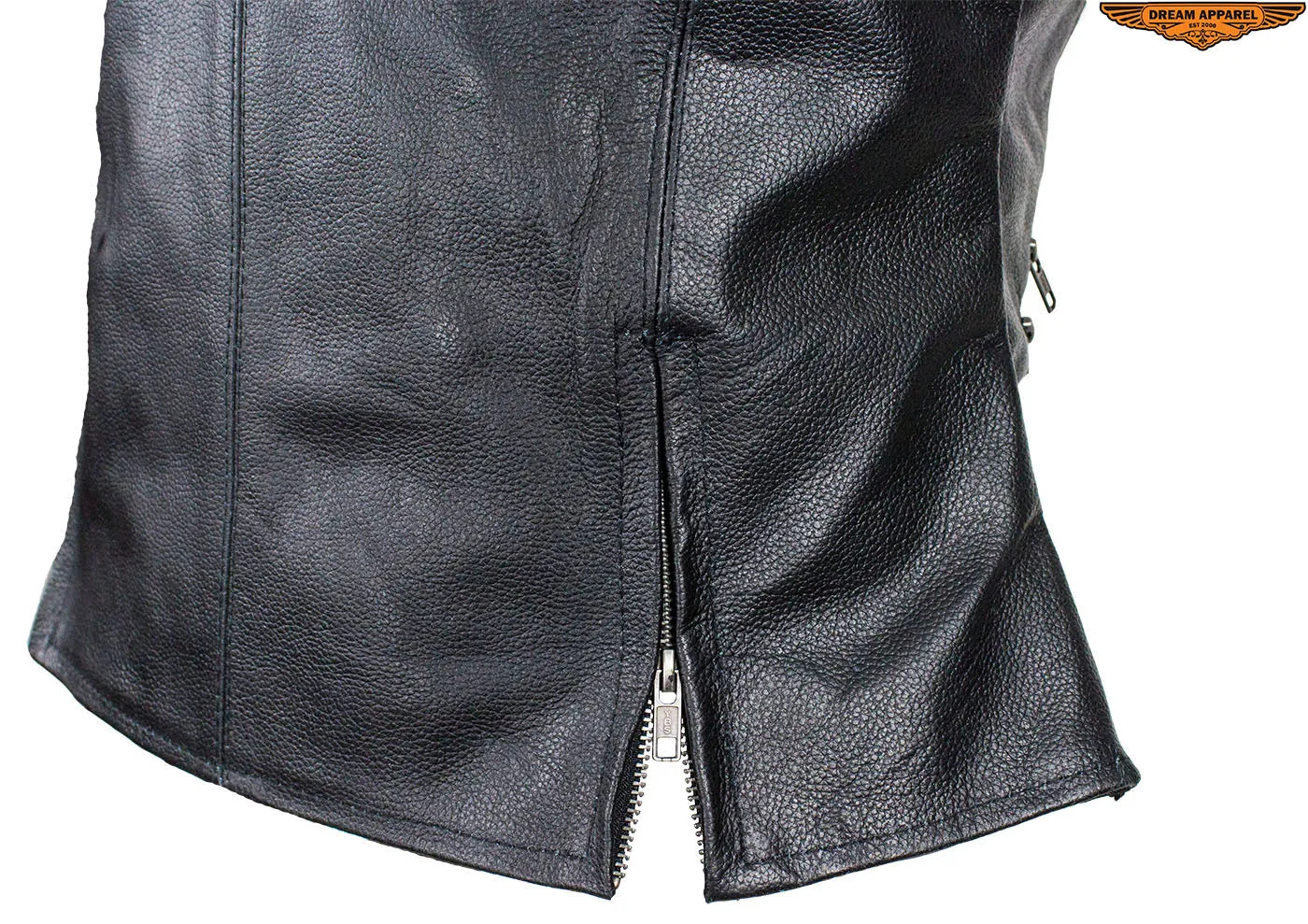 Dream Apparel Womens Leather Motorcycle Vest With Two Concealed Carry Pockets & Zippered Lower Back