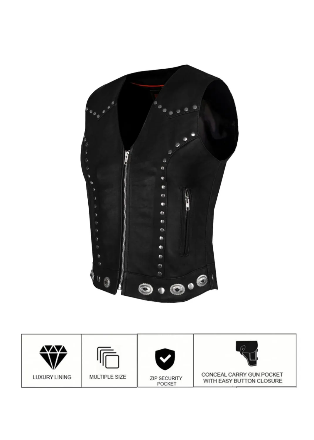 Dream Apparel Womens Studded Decorative Conchos Leather Motorcycle Vest With Concealed Pockets