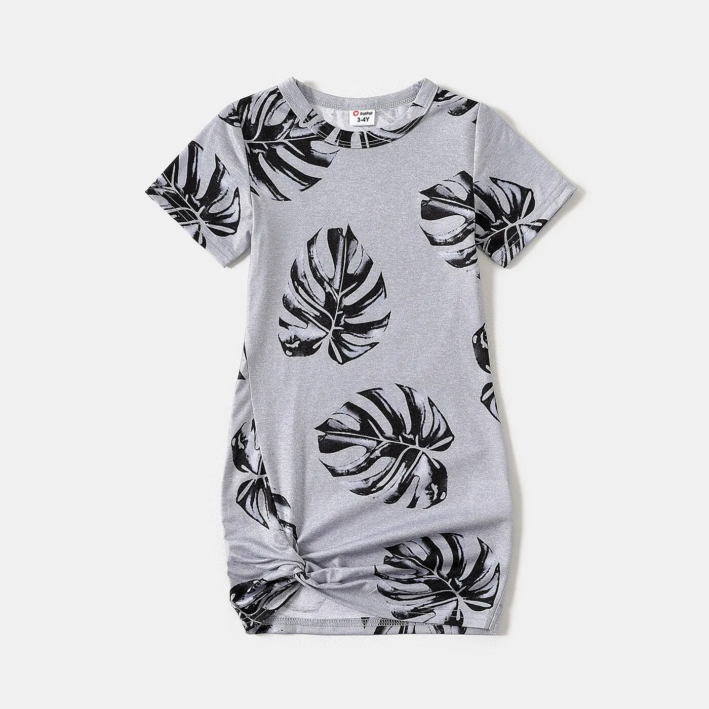 Family Matching Dress Palm Leaf Print Short-sleeve Twist Knot Bodycon Dress for Mommy and Me