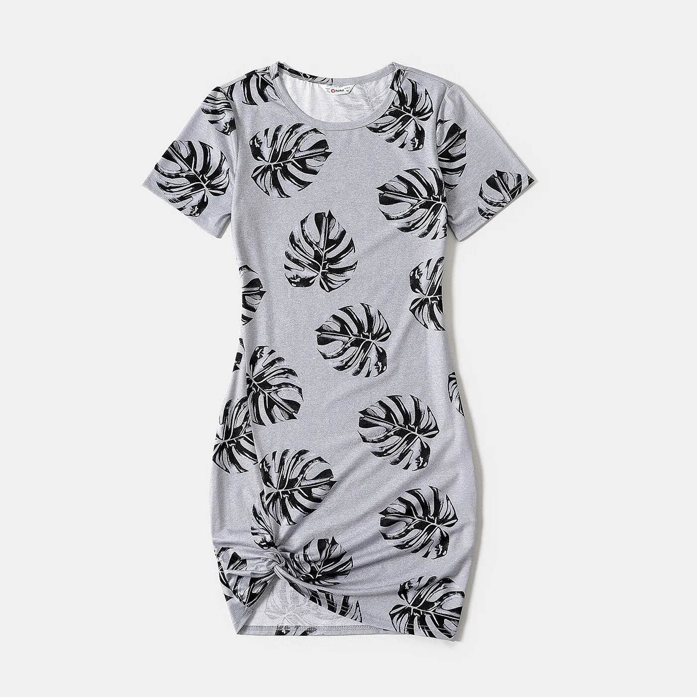 Family Matching Dress Palm Leaf Print Short-sleeve Twist Knot Bodycon Dress for Mommy and Me