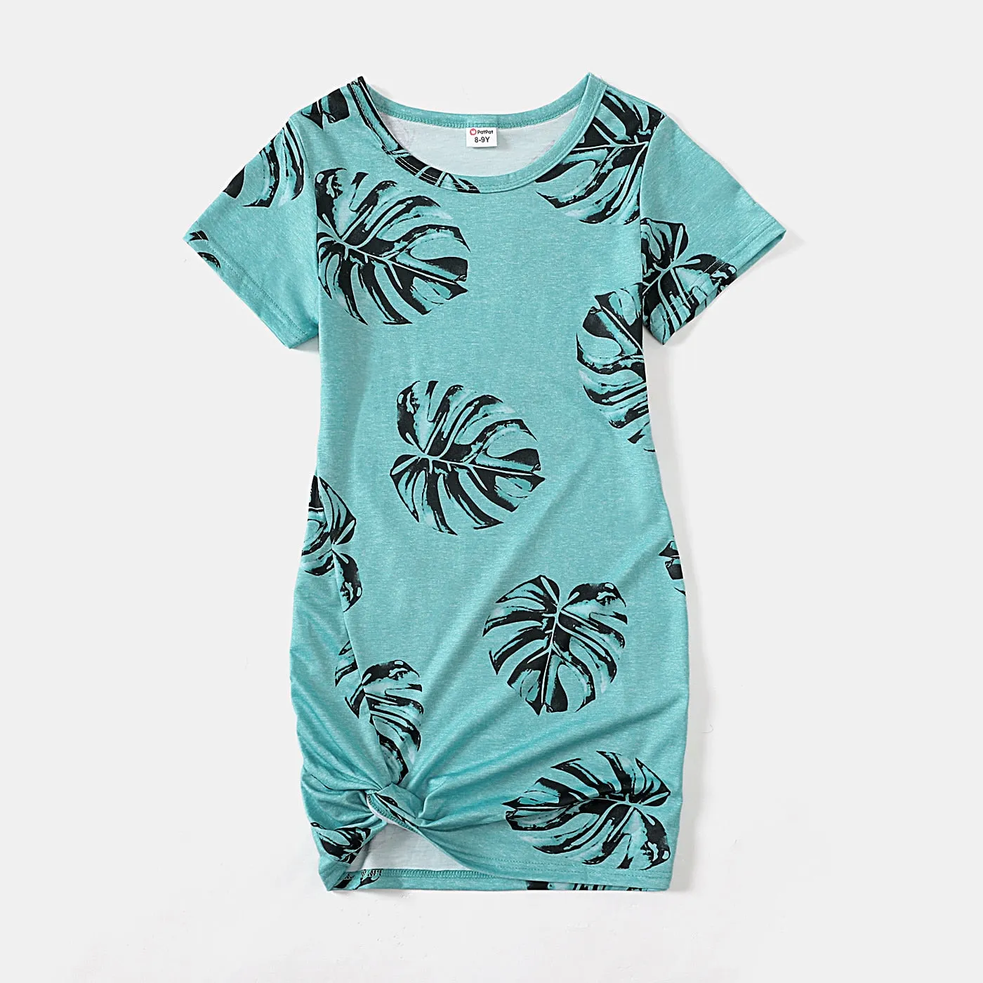 Family Matching Dress Palm Leaf Print Short-sleeve Twist Knot Bodycon Dress for Mommy and Me