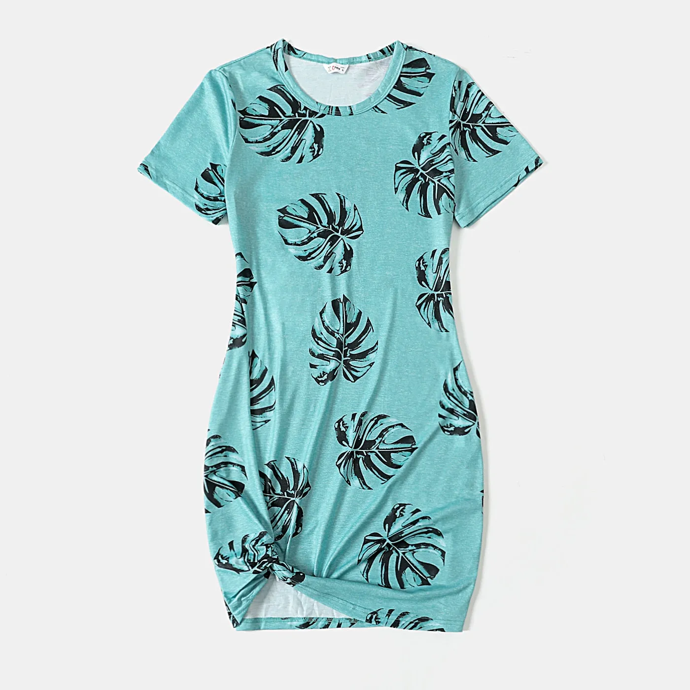 Family Matching Dress Palm Leaf Print Short-sleeve Twist Knot Bodycon Dress for Mommy and Me