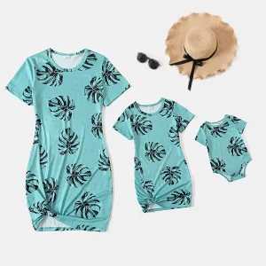 Family Matching Dress Palm Leaf Print Short-sleeve Twist Knot Bodycon Dress for Mommy and Me