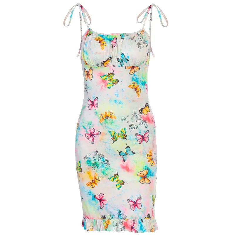 Fashion sexy butterfly print halter strap bag hip dress