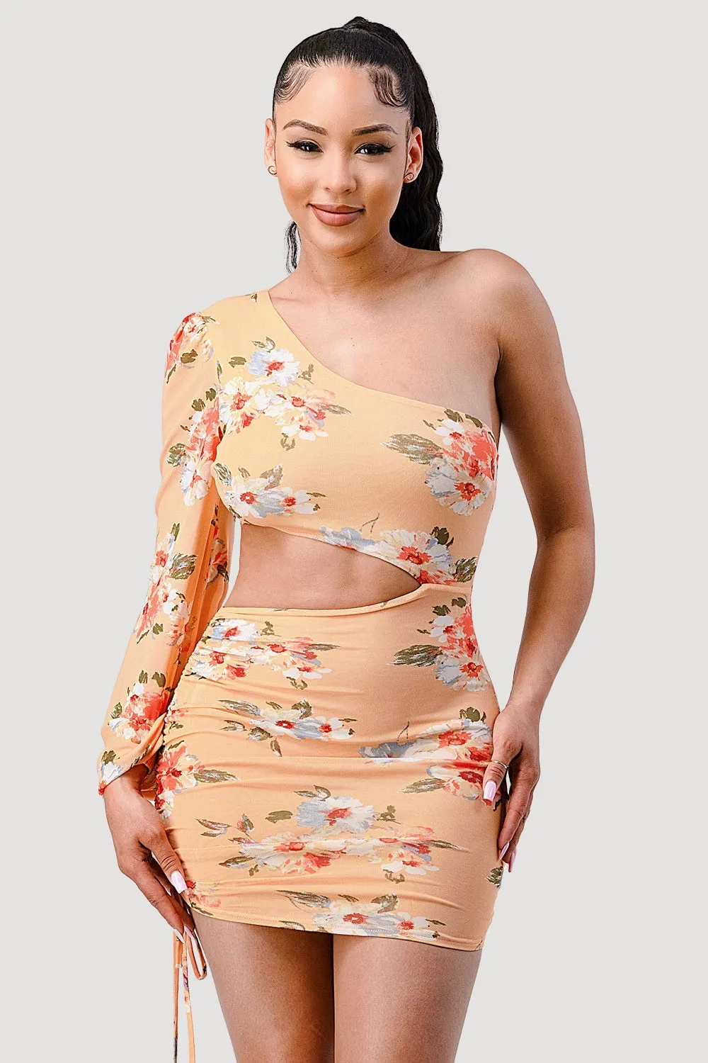 FLORAL ASYMMETRICAL ONE SHOULDER BODYCON MINI DRESS