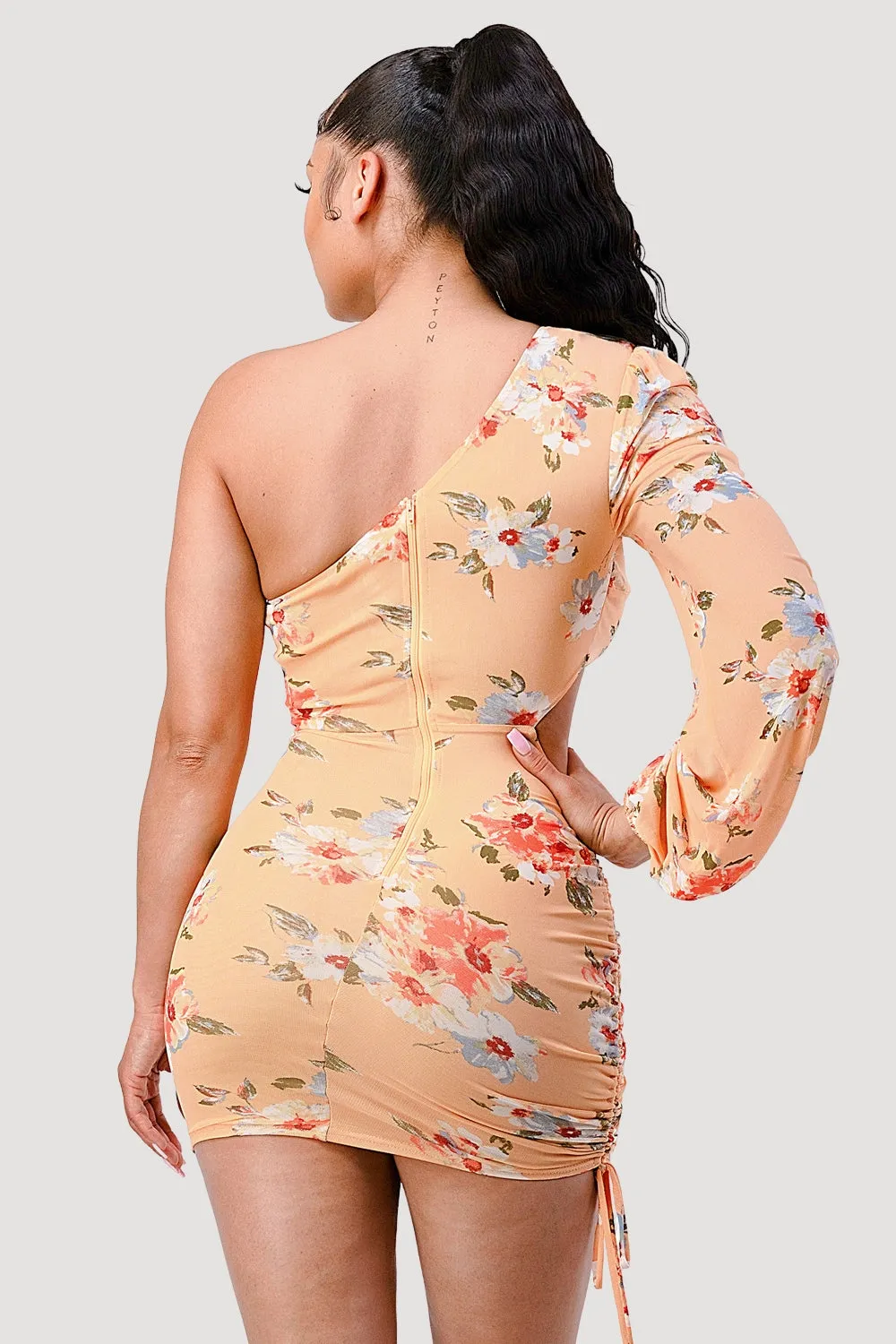 FLORAL ASYMMETRICAL ONE SHOULDER BODYCON MINI DRESS