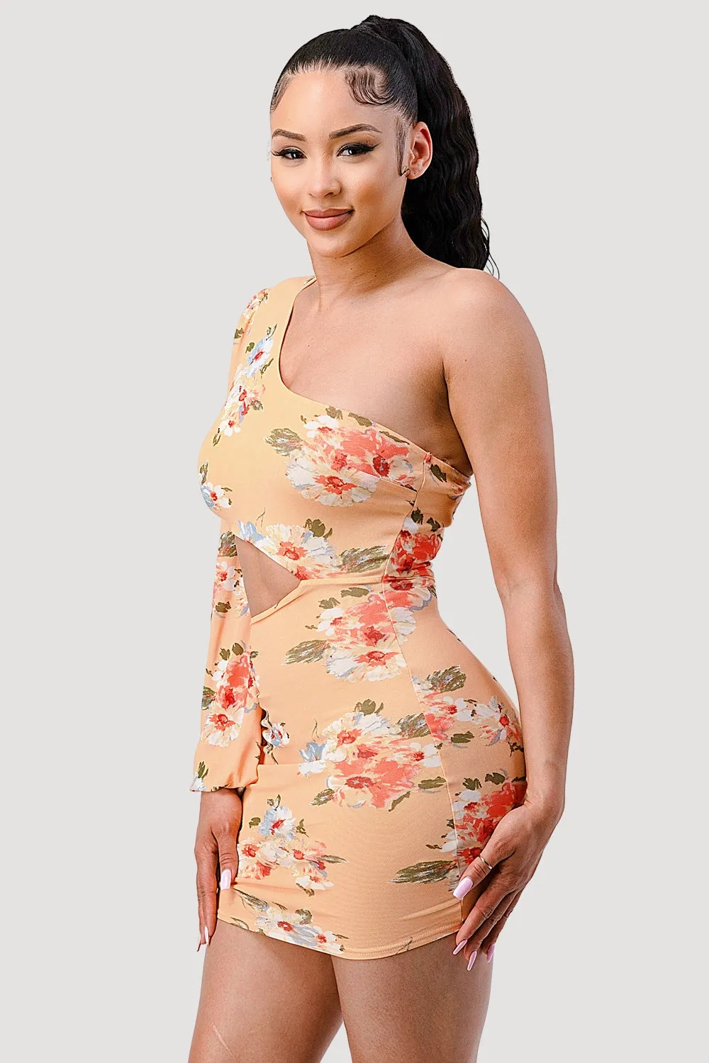 FLORAL ASYMMETRICAL ONE SHOULDER BODYCON MINI DRESS