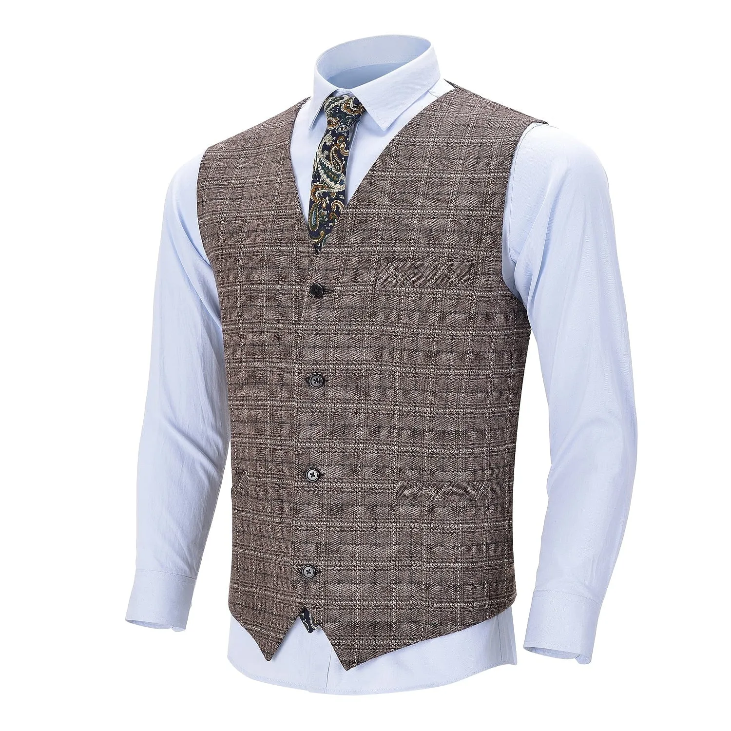 Formal Fashion Men's Suit Vest Tweed Plaid V Neck Waistcoat