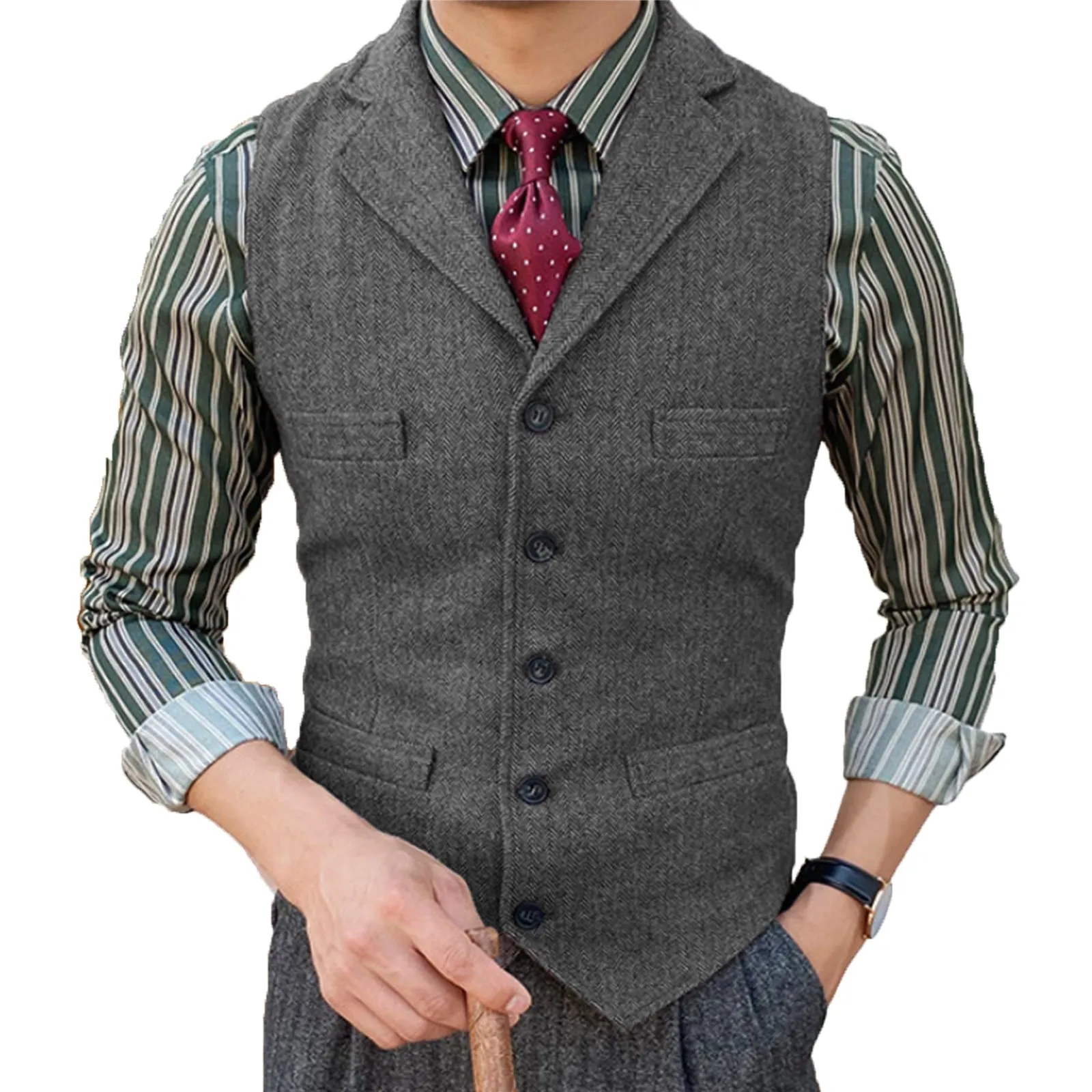 Formal Men's Suit Vest Herringbone Notch Lapel Waistcoat