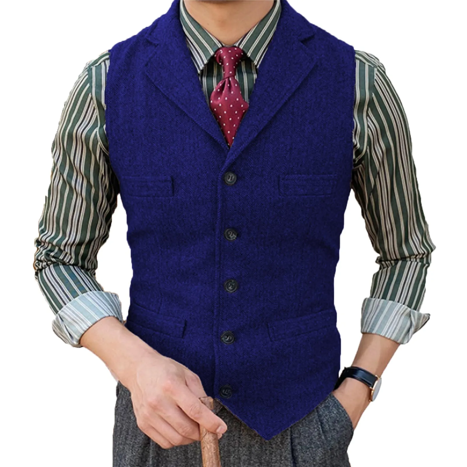 Formal Men's Suit Vest Herringbone Notch Lapel Waistcoat