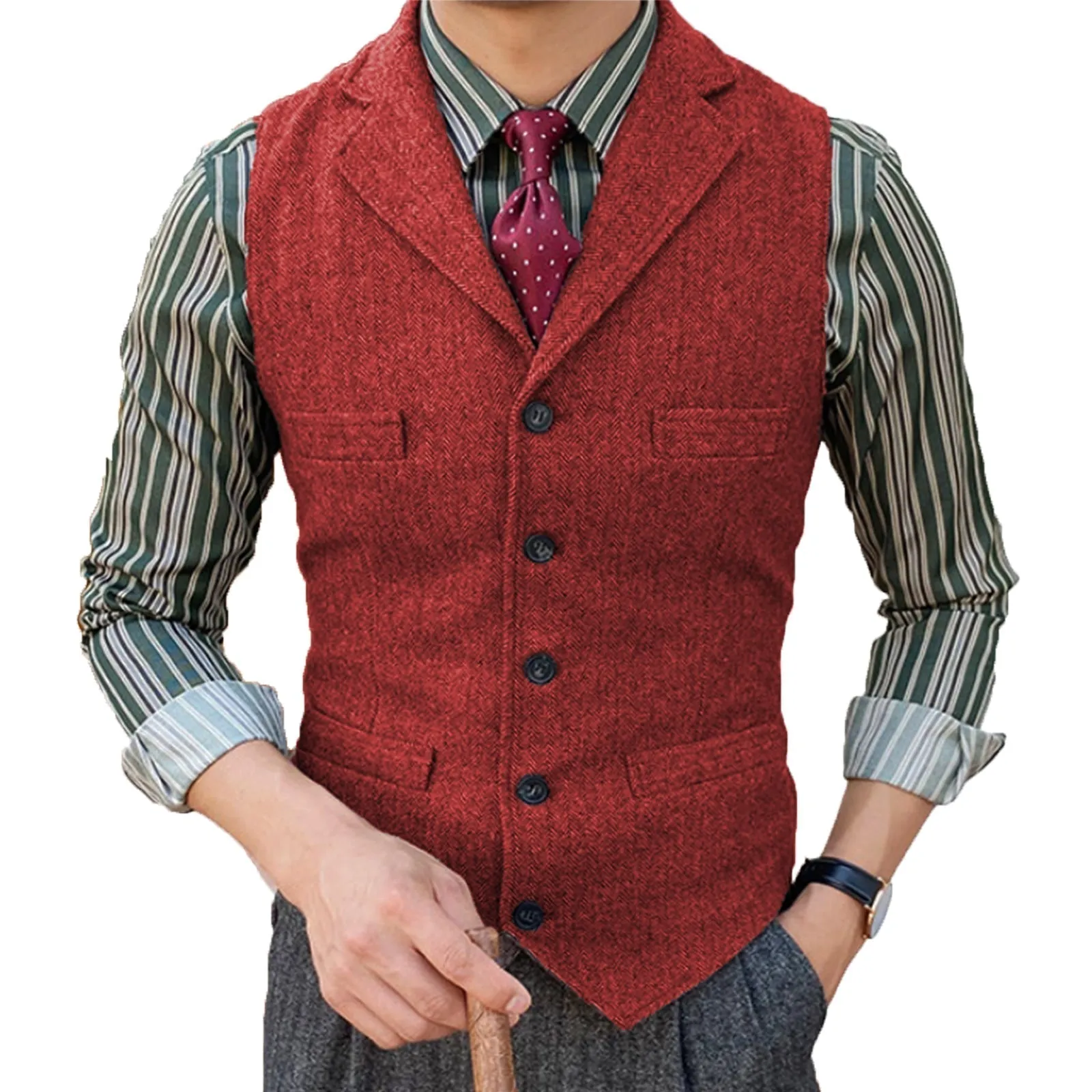 Formal Men's Suit Vest Herringbone Notch Lapel Waistcoat