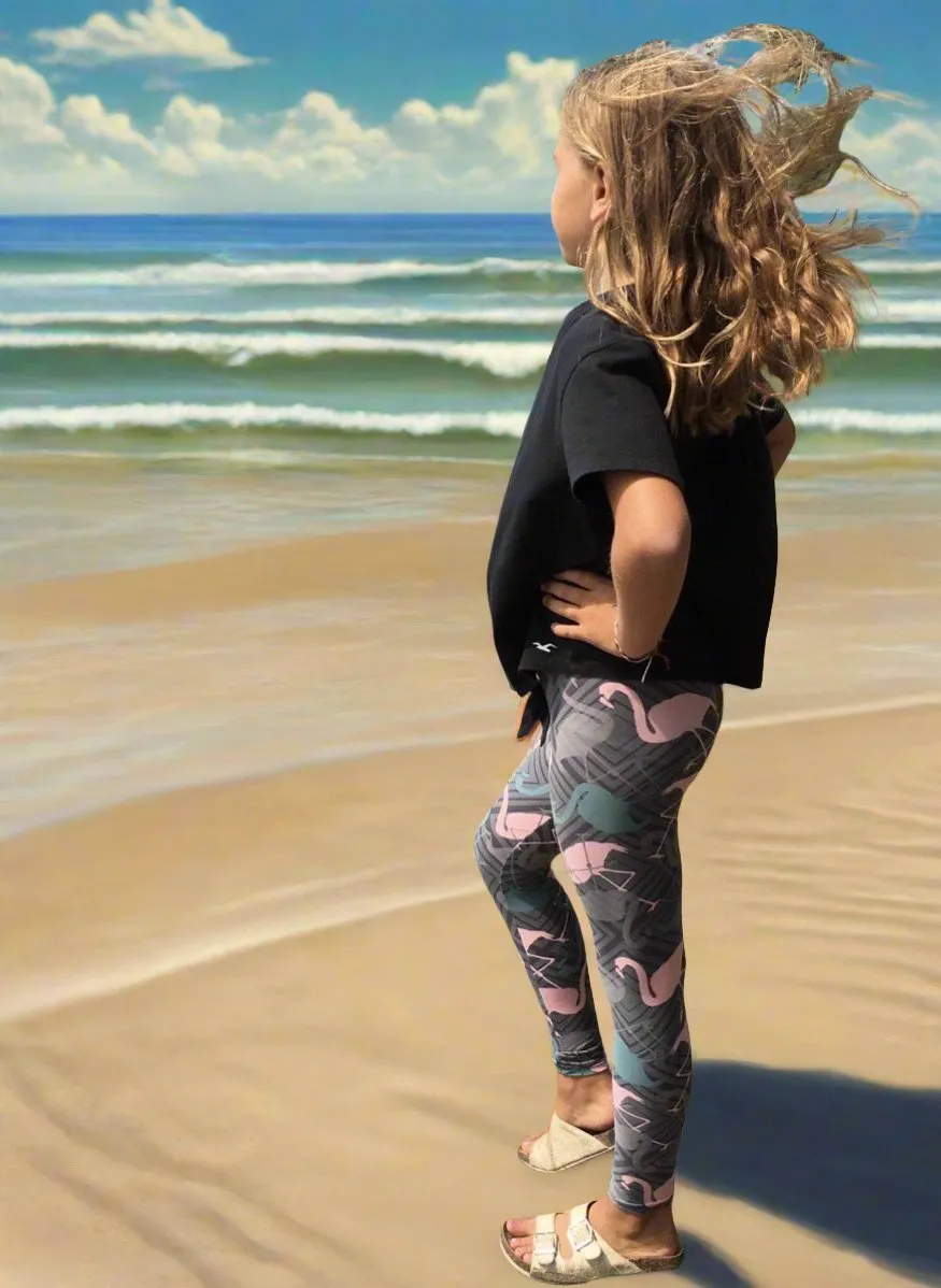 Girls Flamingo Leggings, Kids Yoga Pants, Sizes S/L, No-Roll Waist, Pink/Gray