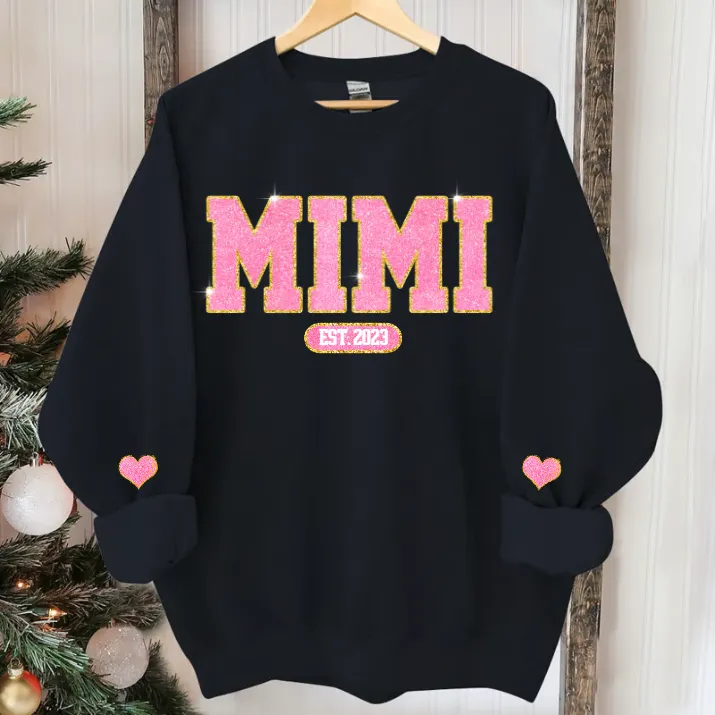 Glitter Pink Custom Name Mimi Nana Grandma Est And Kids Sweatshirt, Mother's Day Valentine Sweatshirt