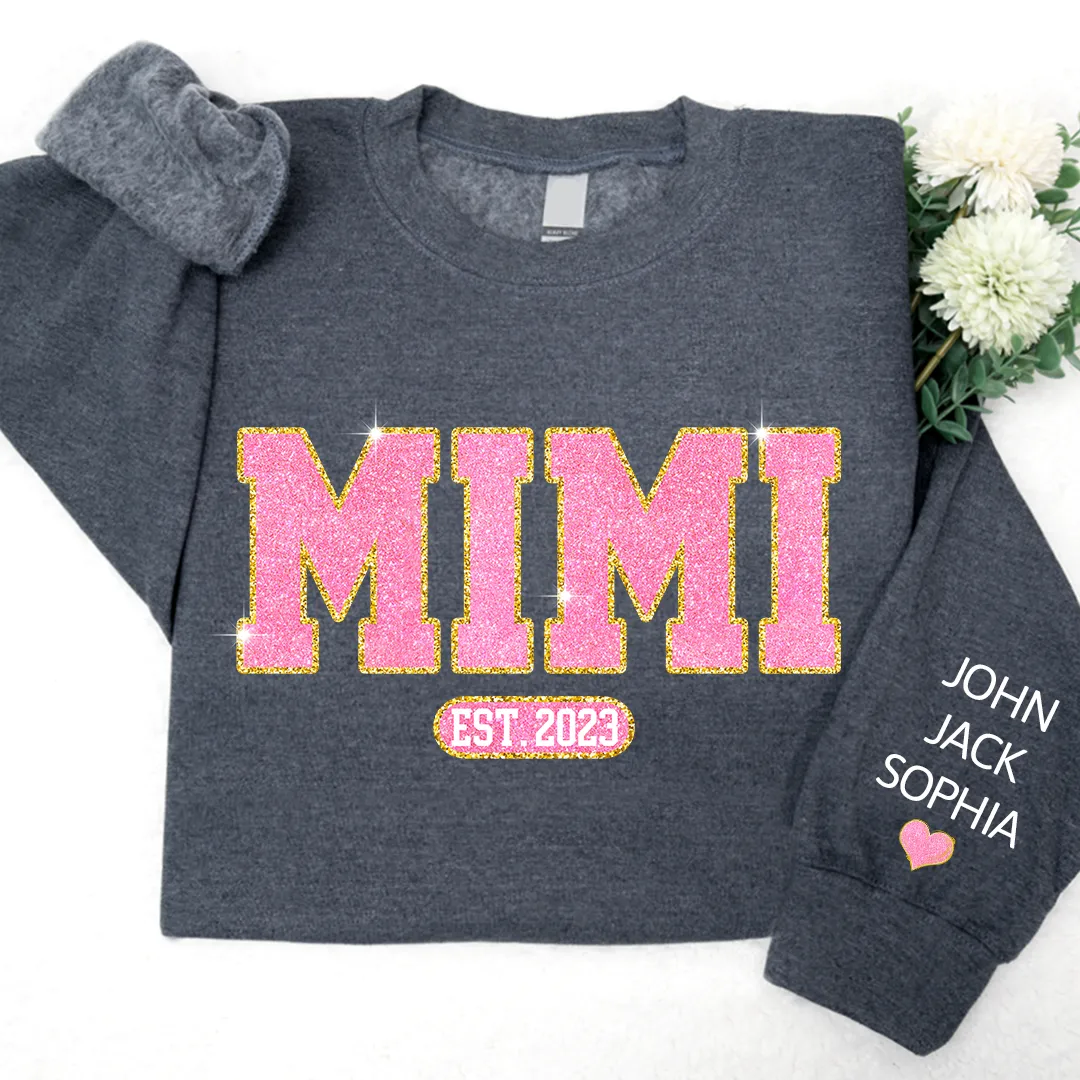 Glitter Pink Custom Name Mimi Nana Grandma Est And Kids Sweatshirt, Mother's Day Valentine Sweatshirt