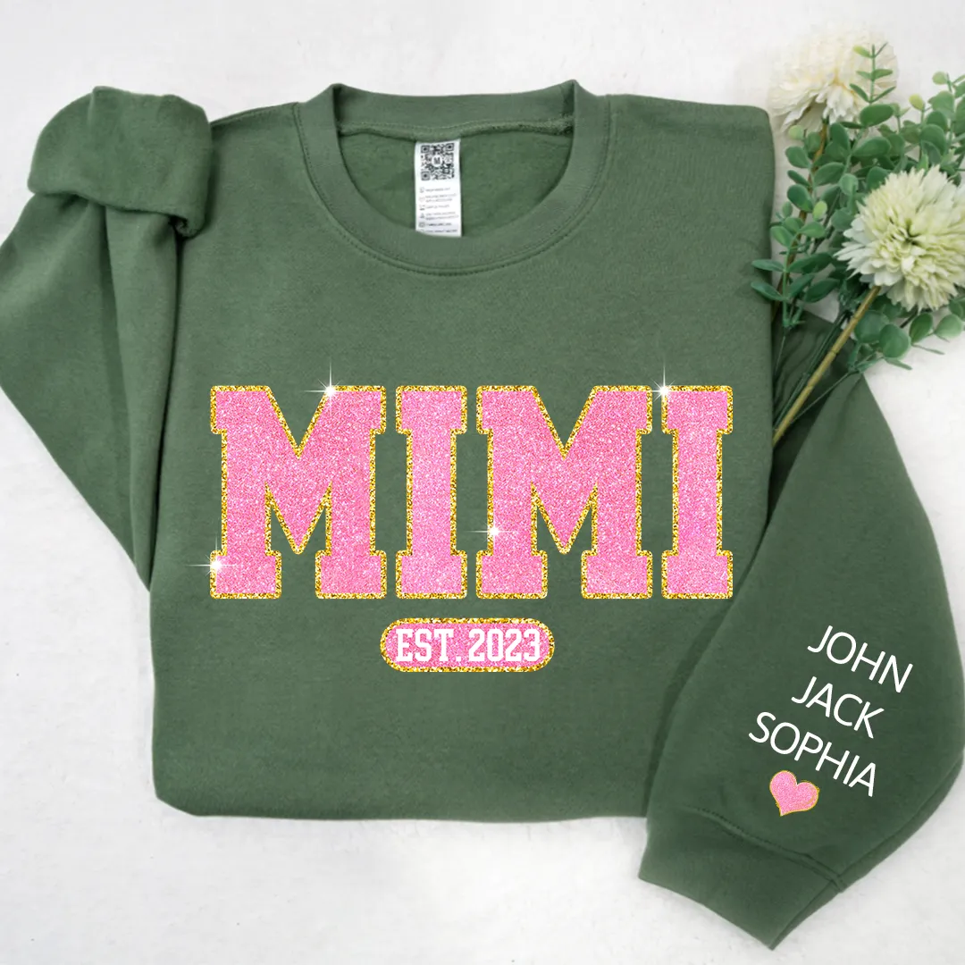 Glitter Pink Custom Name Mimi Nana Grandma Est And Kids Sweatshirt, Mother's Day Valentine Sweatshirt