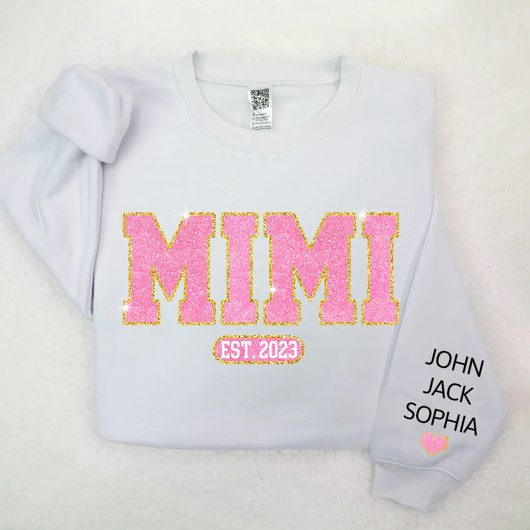 Glitter Pink Custom Name Mimi Nana Grandma Est And Kids Sweatshirt, Mother's Day Valentine Sweatshirt