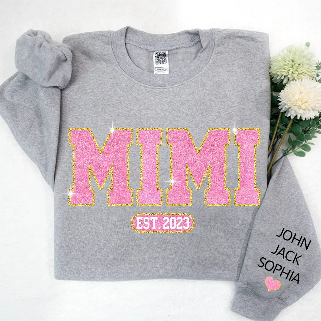 Glitter Pink Custom Name Mimi Nana Grandma Est And Kids Sweatshirt, Mother's Day Valentine Sweatshirt