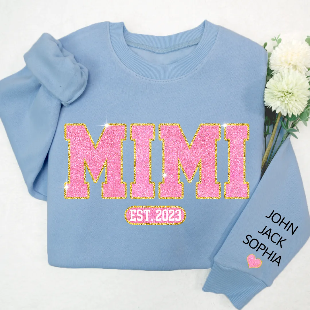 Glitter Pink Custom Name Mimi Nana Grandma Est And Kids Sweatshirt, Mother's Day Valentine Sweatshirt