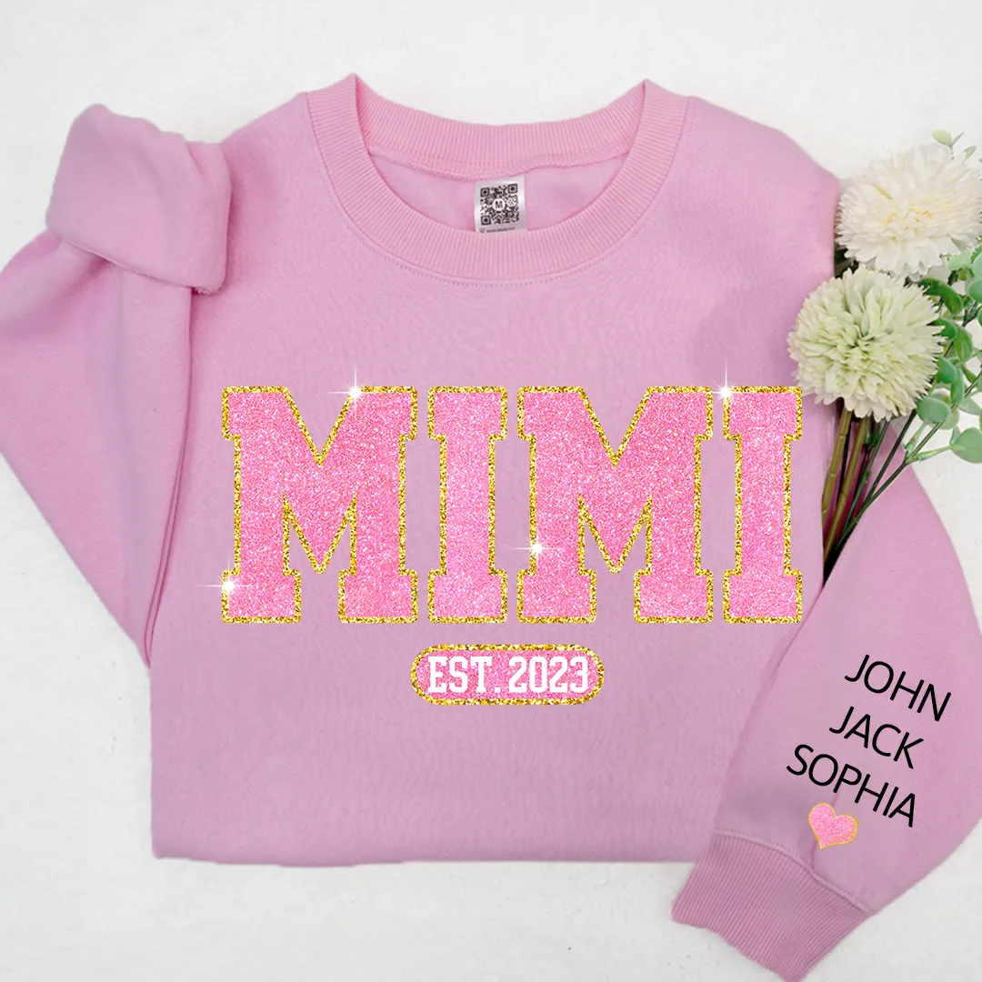 Glitter Pink Custom Name Mimi Nana Grandma Est And Kids Sweatshirt, Mother's Day Valentine Sweatshirt