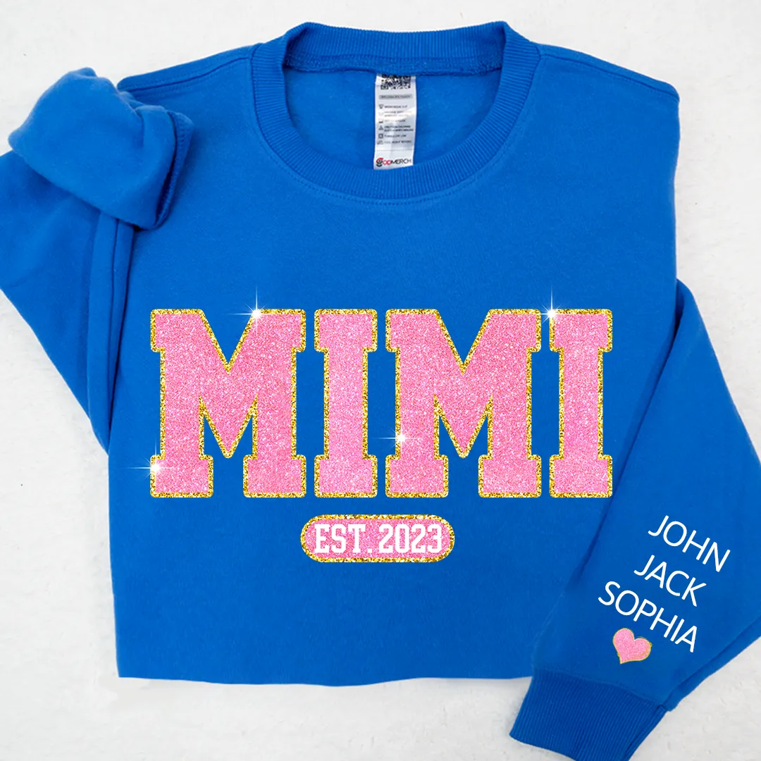 Glitter Pink Custom Name Mimi Nana Grandma Est And Kids Sweatshirt, Mother's Day Valentine Sweatshirt