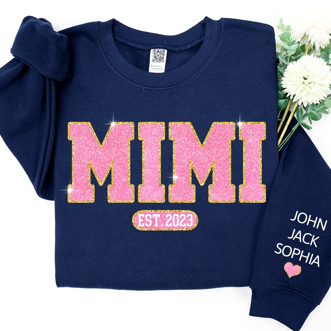 Glitter Pink Custom Name Mimi Nana Grandma Est And Kids Sweatshirt, Mother's Day Valentine Sweatshirt