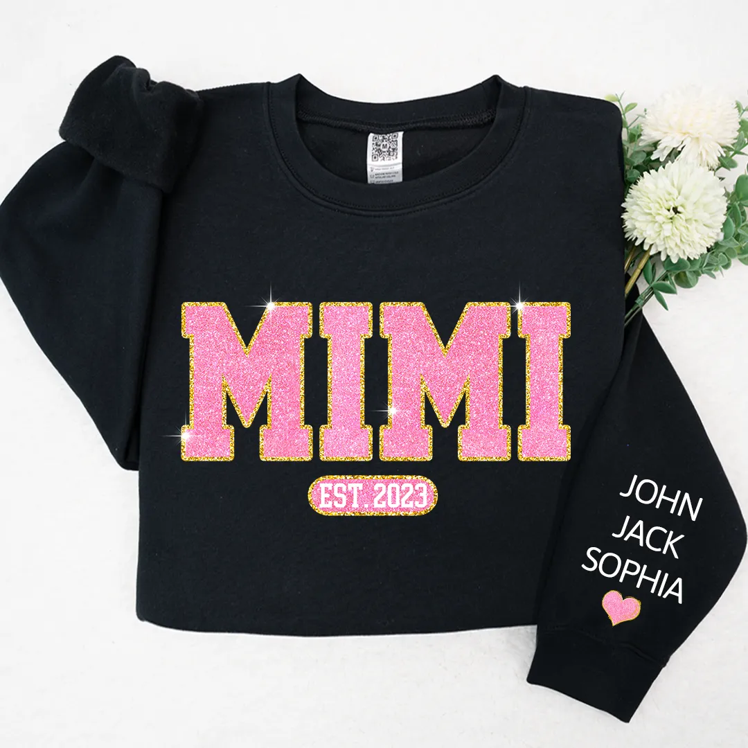 Glitter Pink Custom Name Mimi Nana Grandma Est And Kids Sweatshirt, Mother's Day Valentine Sweatshirt