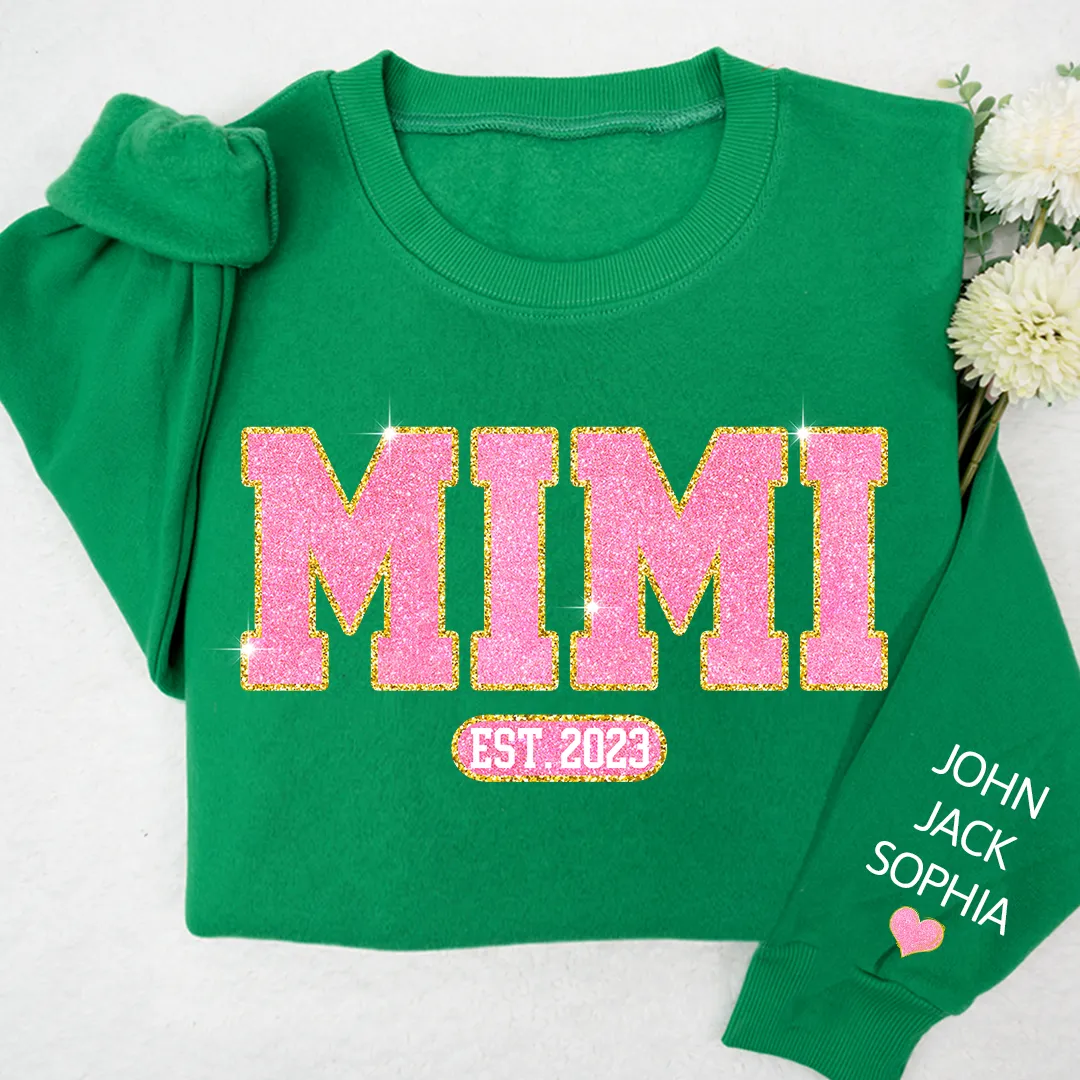 Glitter Pink Custom Name Mimi Nana Grandma Est And Kids Sweatshirt, Mother's Day Valentine Sweatshirt