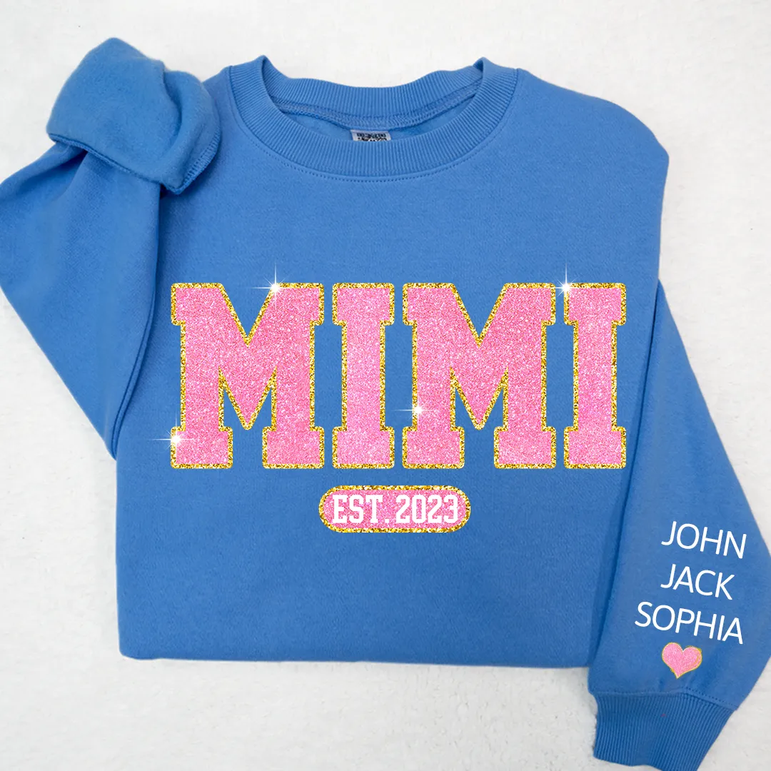 Glitter Pink Custom Name Mimi Nana Grandma Est And Kids Sweatshirt, Mother's Day Valentine Sweatshirt