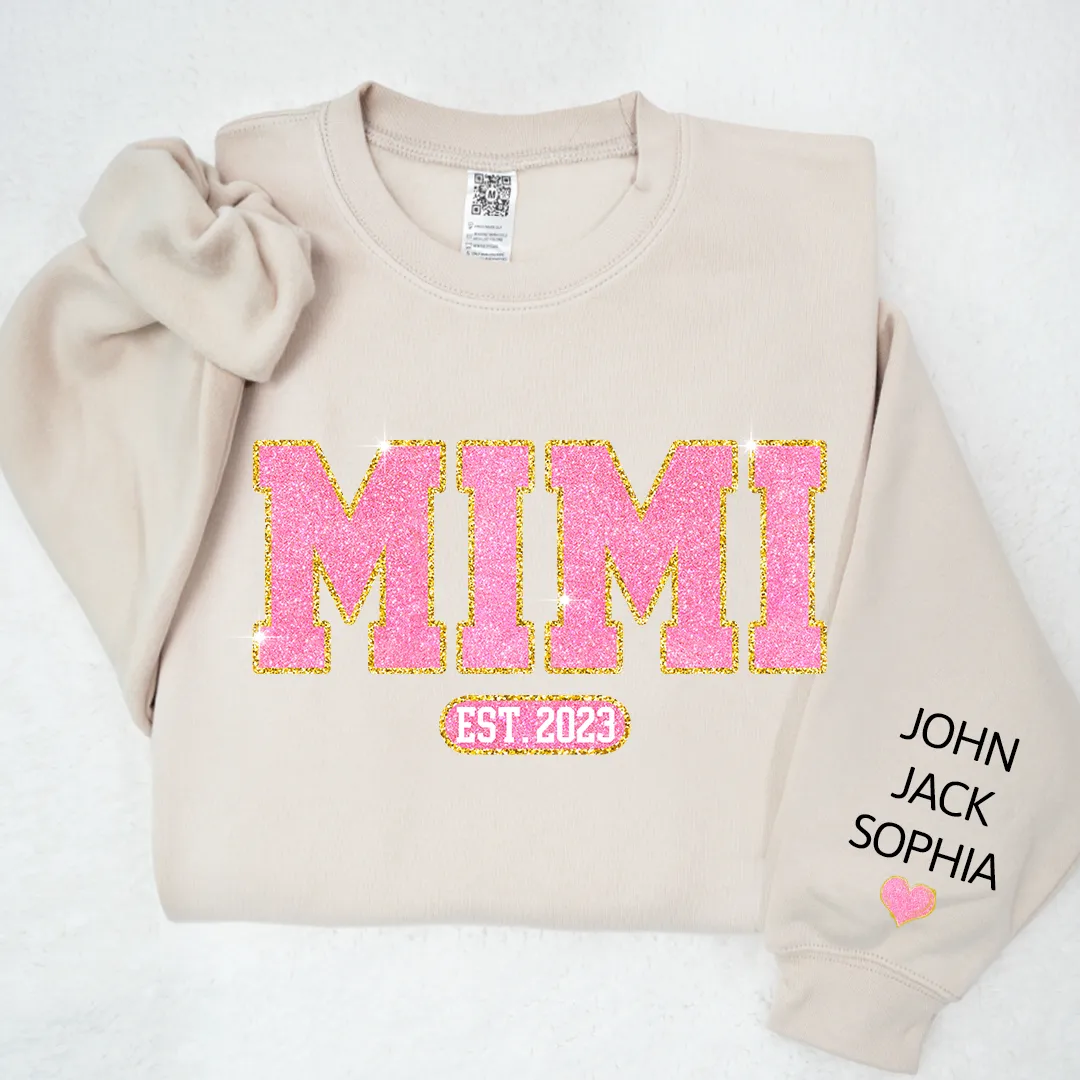 Glitter Pink Custom Name Mimi Nana Grandma Est And Kids Sweatshirt, Mother's Day Valentine Sweatshirt