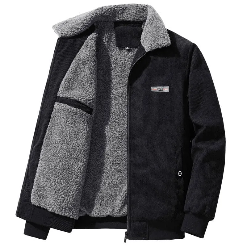 Gray Fleece-lined Corduroy Winter Coat for Men