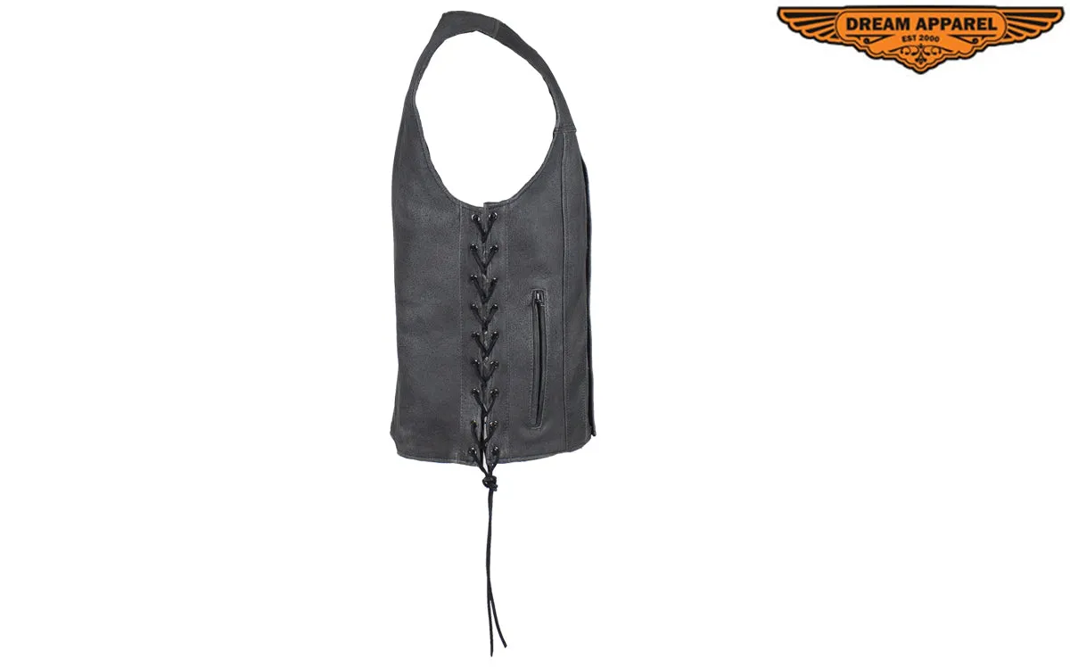 Gray Leather Club Vest with Gun Pockets & Side Laces