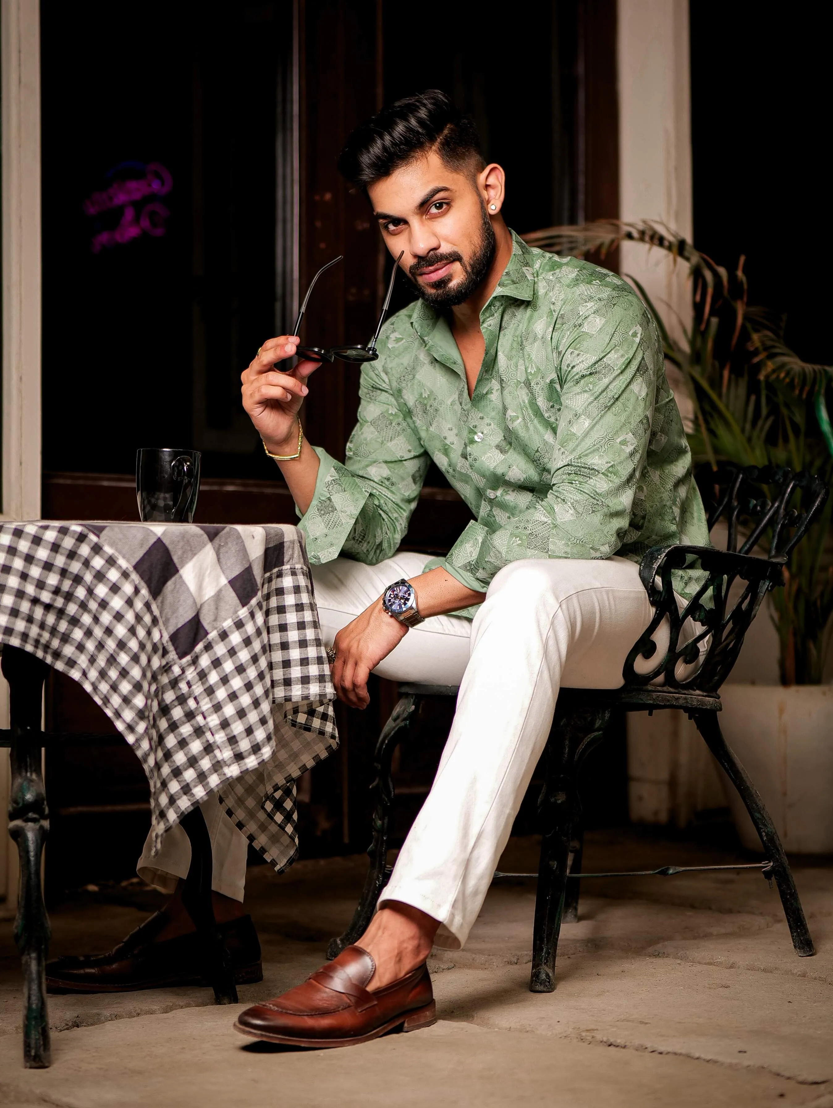 Green Printed Giza Satin Shirts for Mens