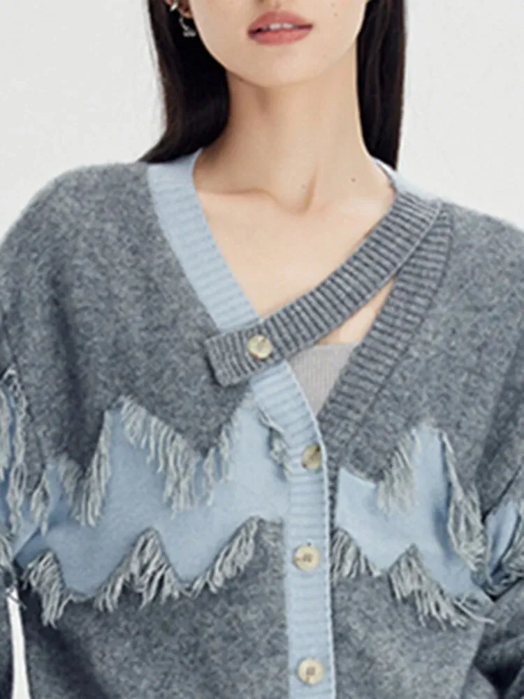 Hit Color Patchwork Tassel Knitting Sweaters For Women Irregular V Neck Long Sleeve Loose Sweater Female Fashion