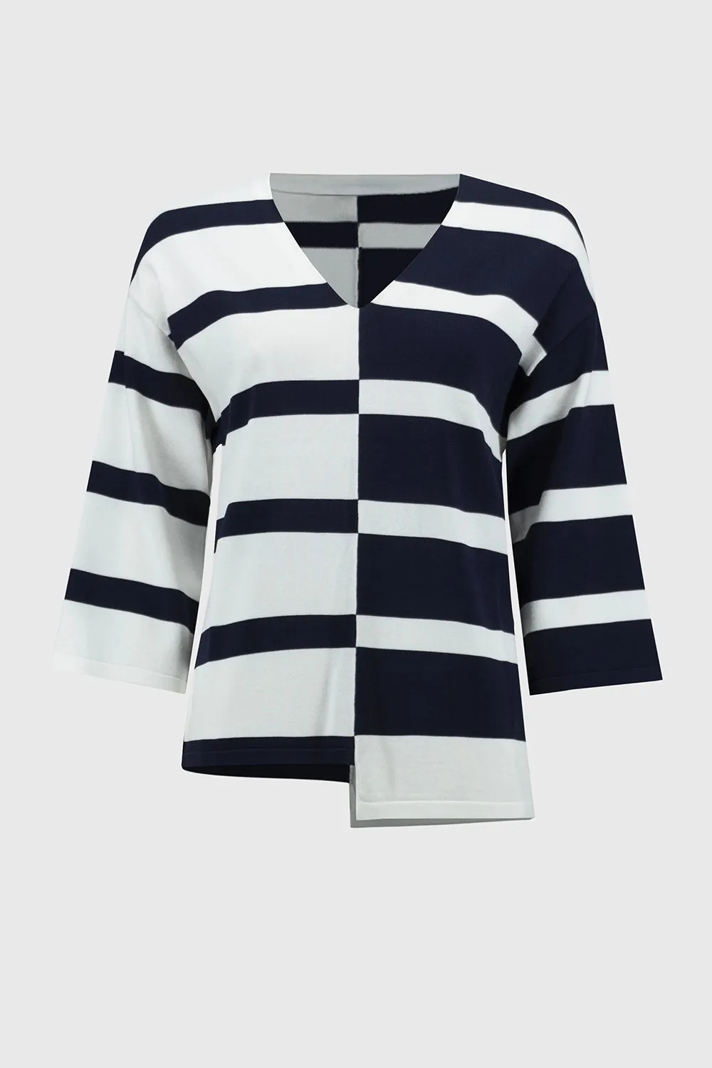 Joseph Ribkoff  | Striped Sweater Knit V-Neck Pullover - Midnight Blue/Vanilla