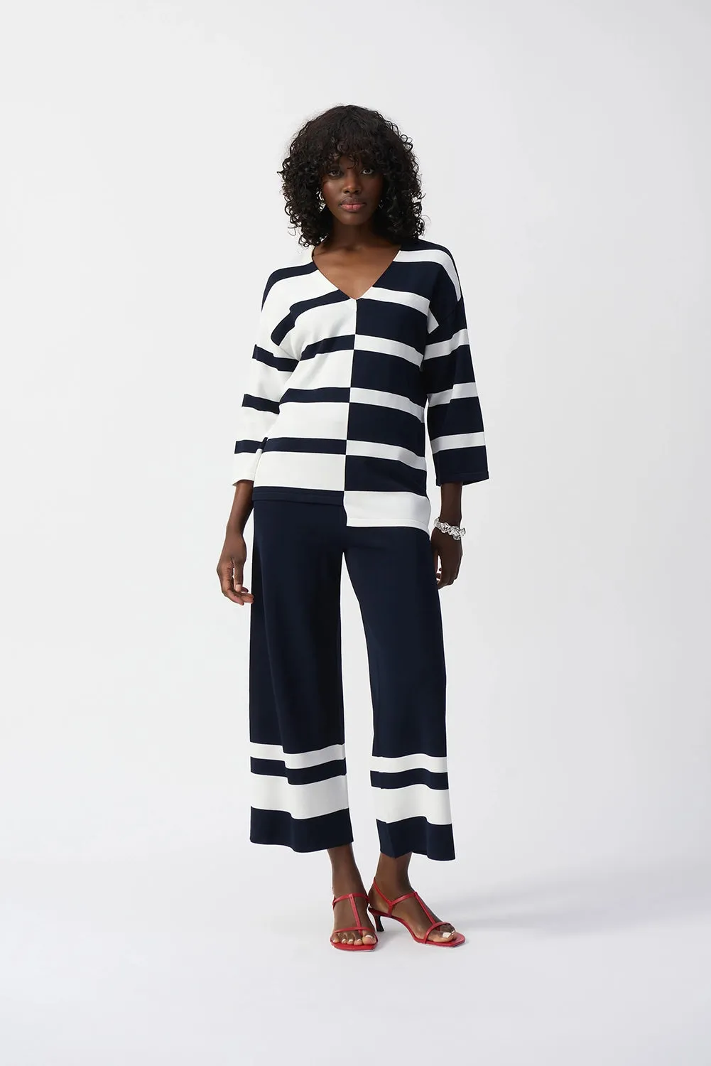 Joseph Ribkoff  | Striped Sweater Knit V-Neck Pullover - Midnight Blue/Vanilla