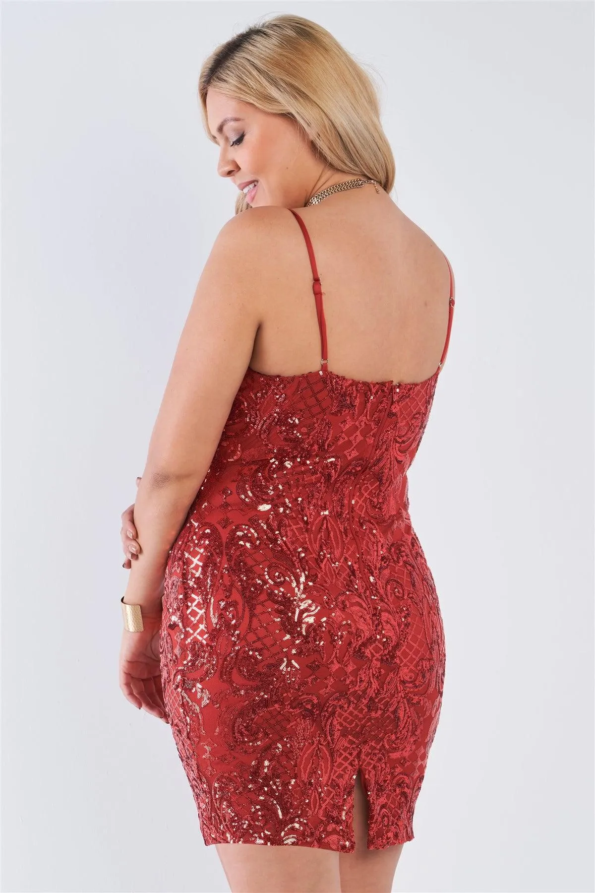 Junior Plus Size Rust V-Neck Sequin Bodycon Mini Dress /2-1-1