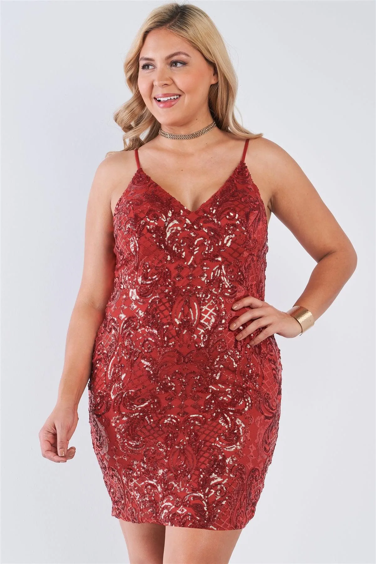 Junior Plus Size Rust V-Neck Sequin Bodycon Mini Dress /2-1-1