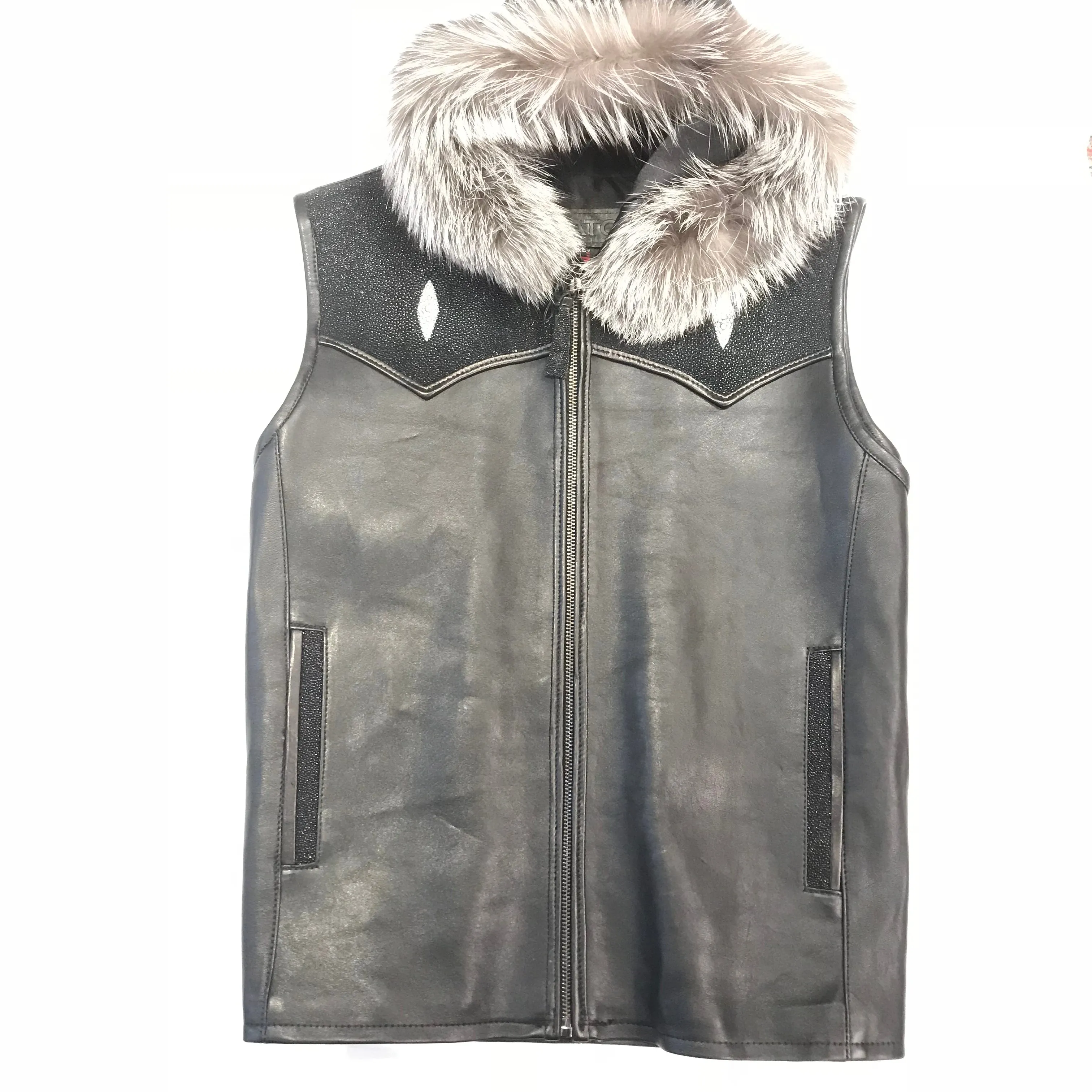 Kashani Black Stingray Silver Fox Hooded Vest