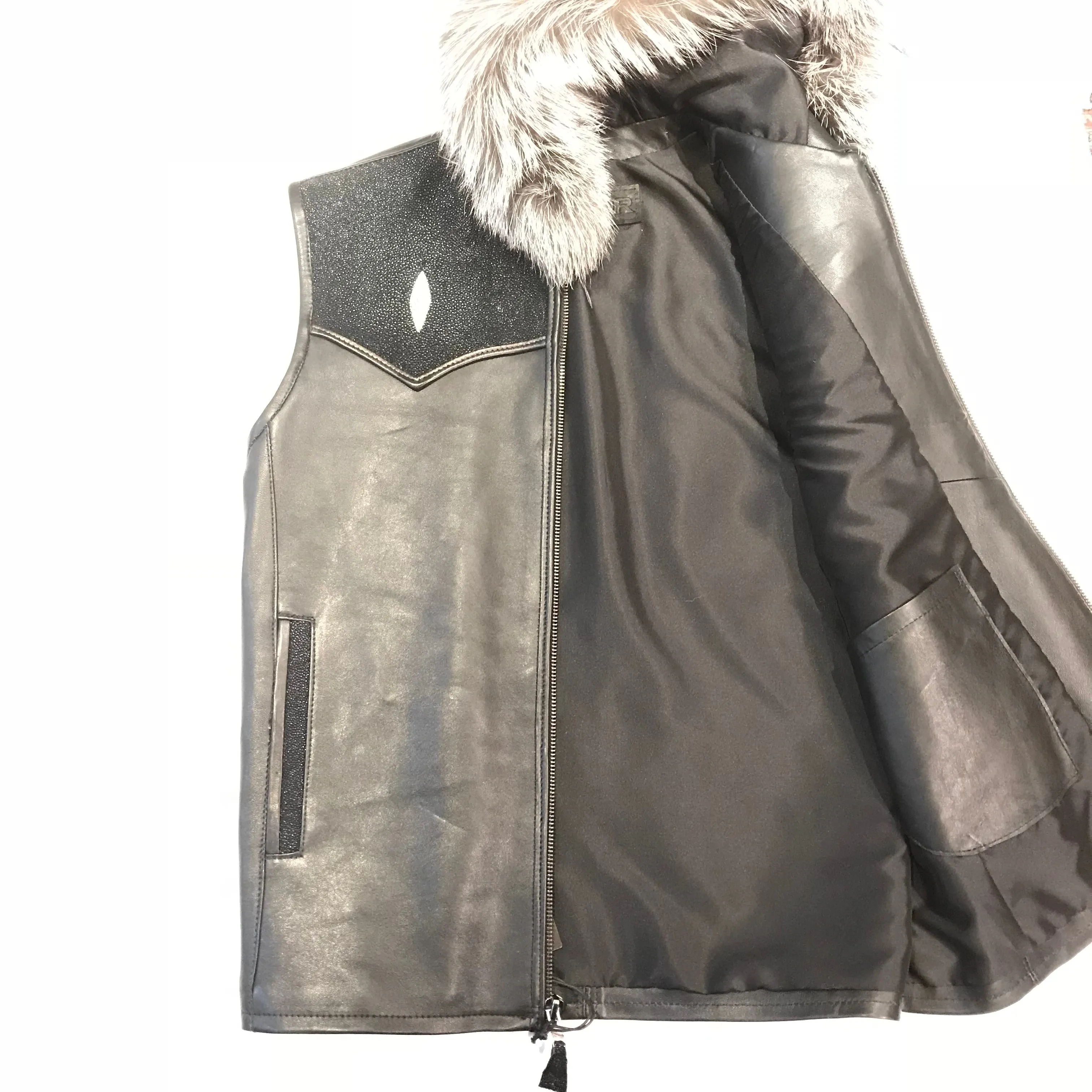 Kashani Black Stingray Silver Fox Hooded Vest