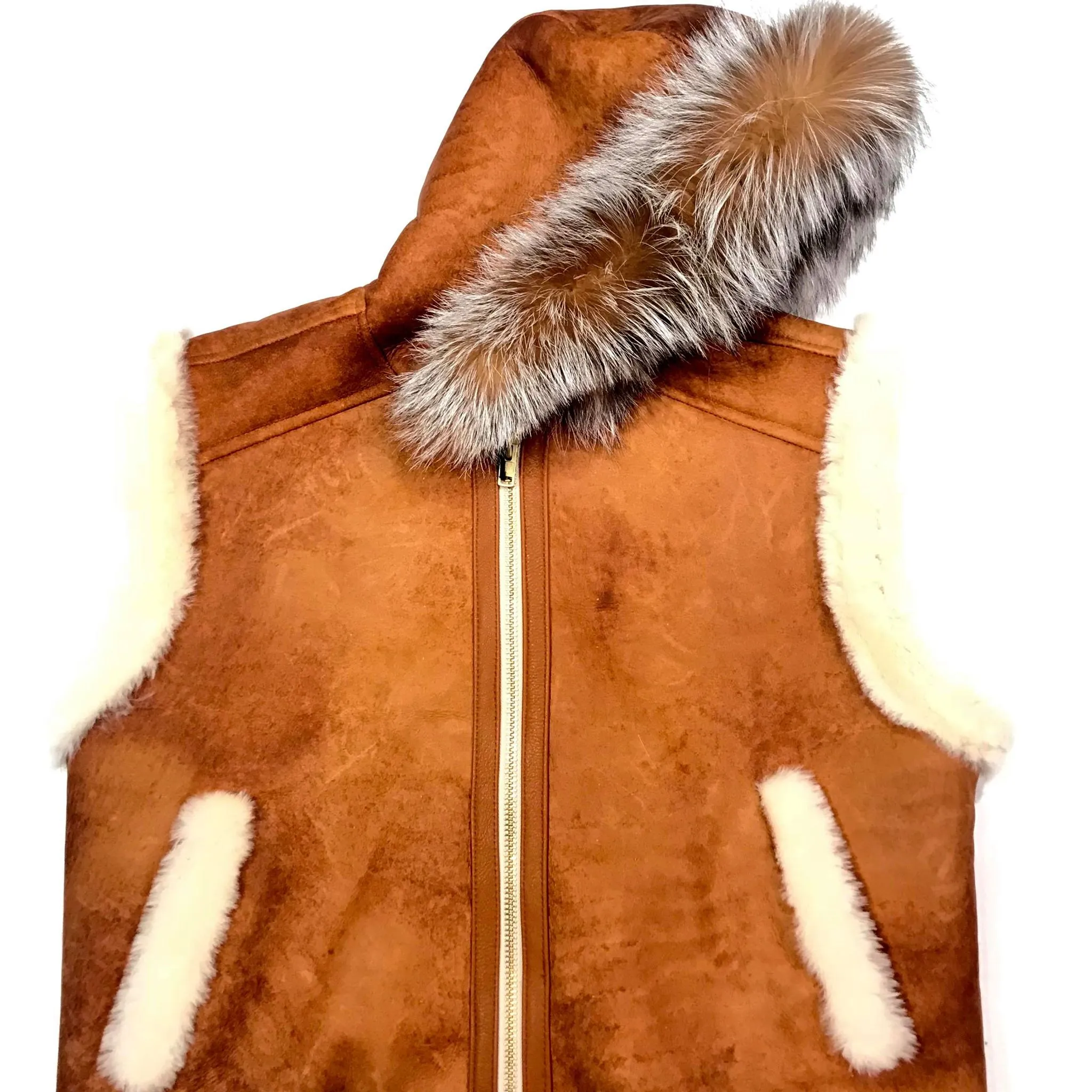 Kashani Whisky Fox Hooded Shearling Vest