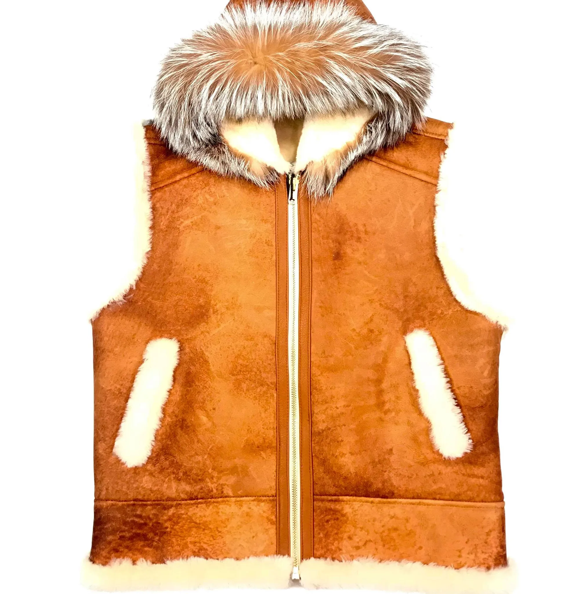 Kashani Whisky Fox Hooded Shearling Vest