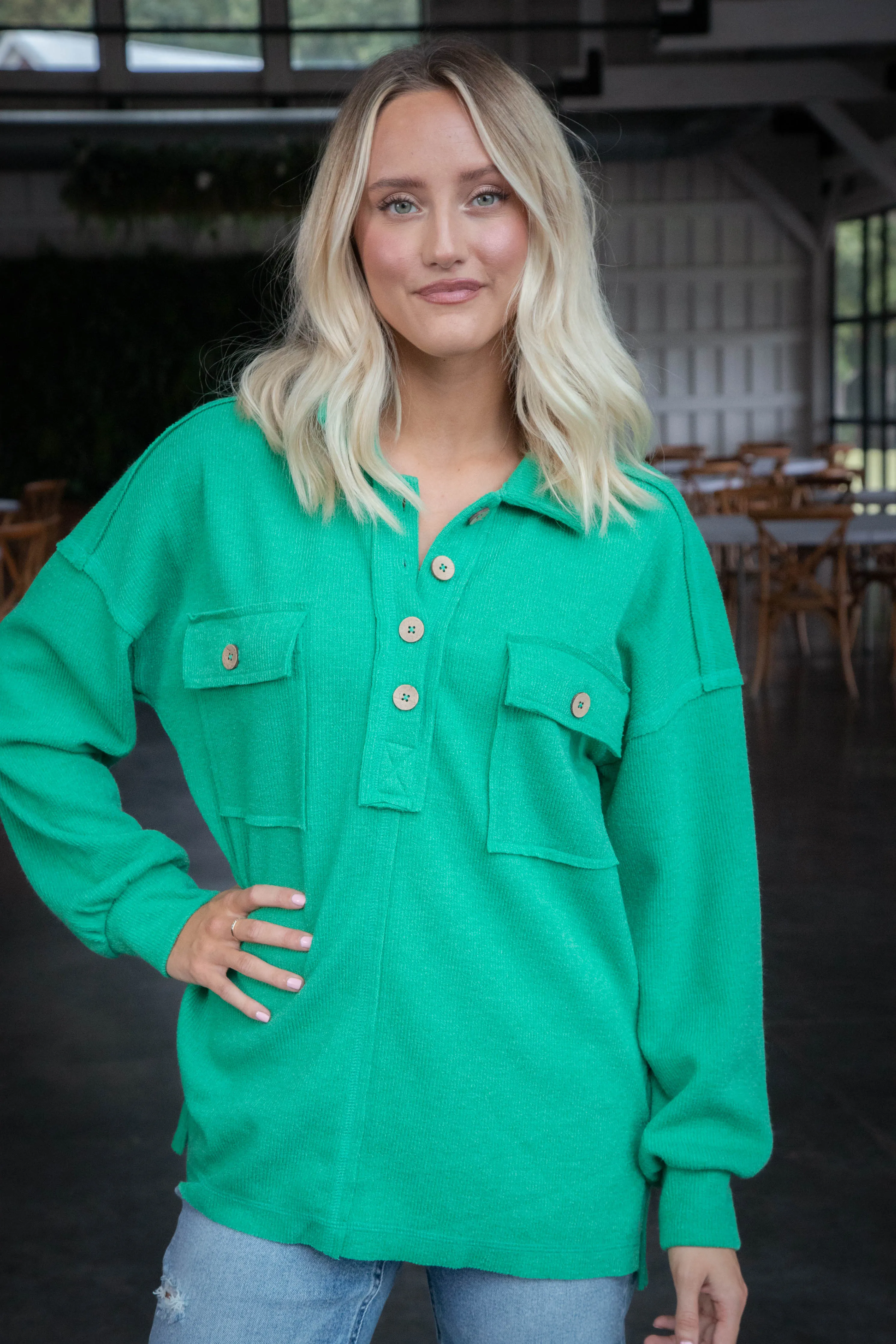 Kaylen Henley Knit Top, Green