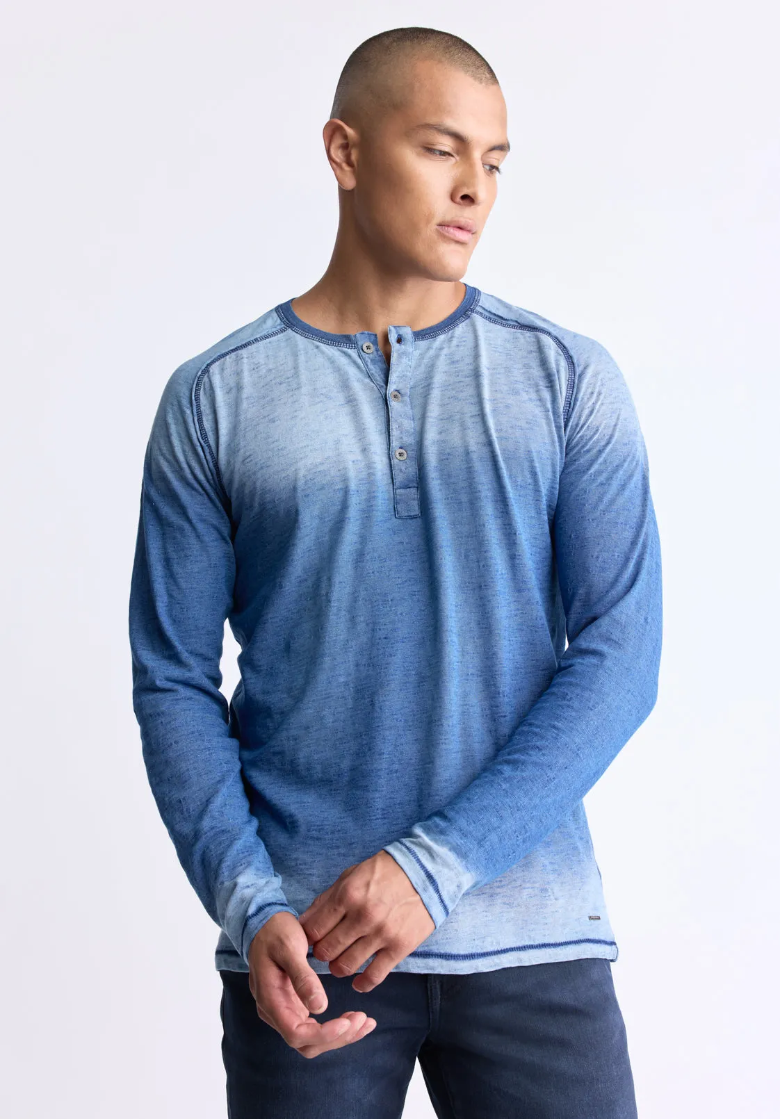 Kibbe Men's Ombre Long Sleeve Henley, Blue Gradient - BM24379