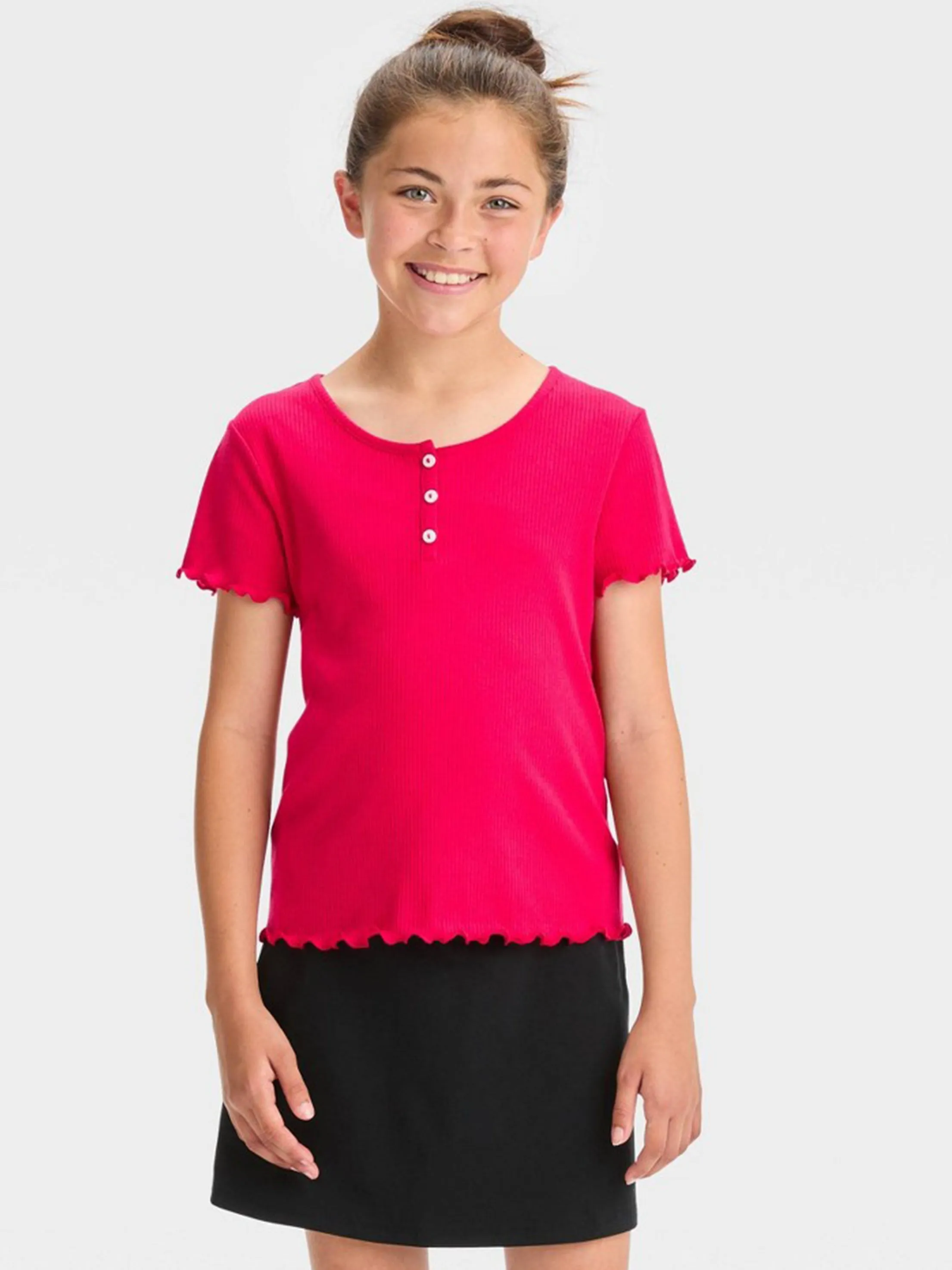 Kids Girl Ribbed Henley Top,Fuchsia