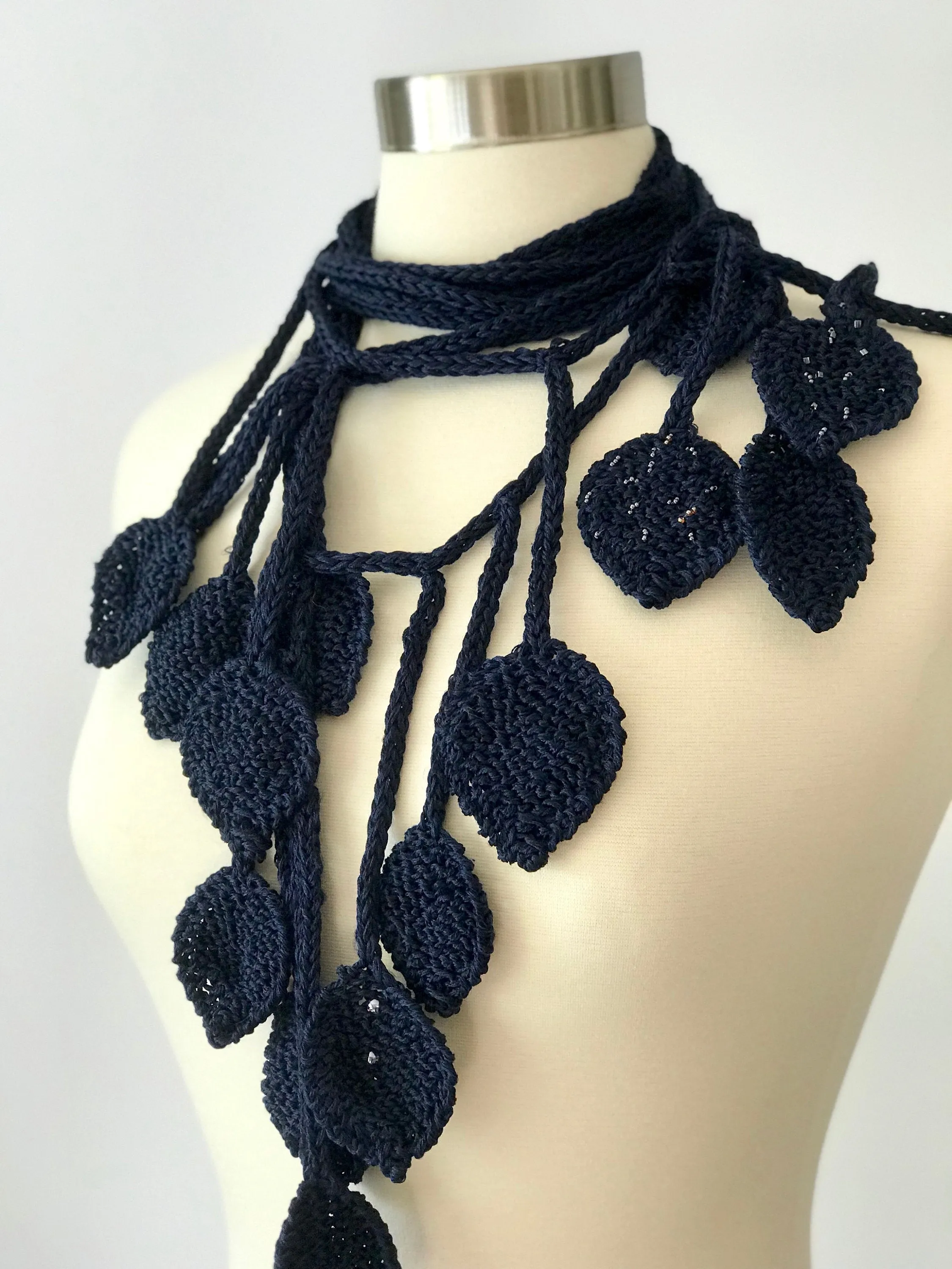 Knitted Lariat Scarf in Leaves Pattern, Scarf Necklace  in Dark Navy Color